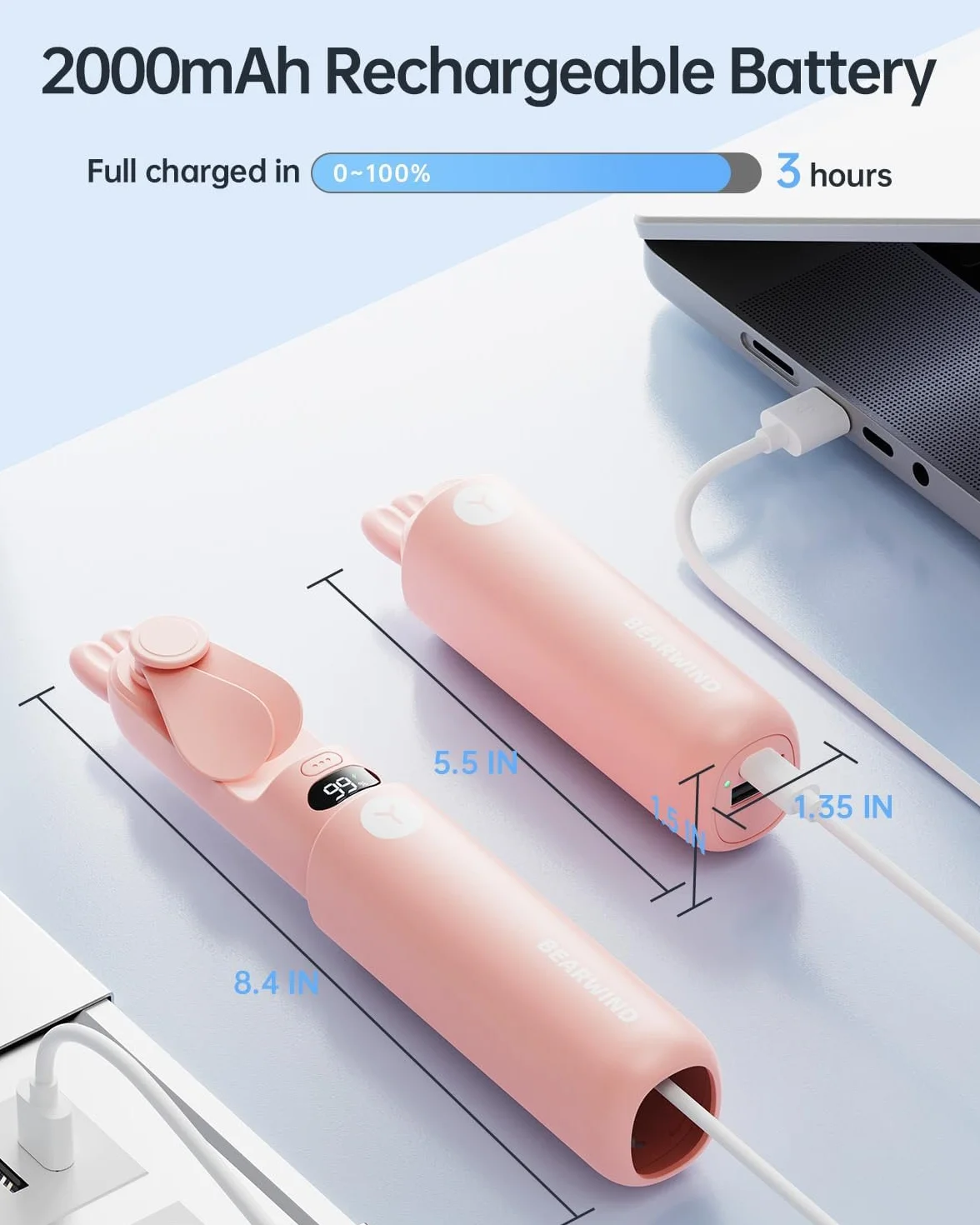 Wentylator ręczny, mini przenośny wentylator ręczny, zasilanie bateryjne, wyświetlacz LED, mały wentylator podróżny z możliwością ładowania przez USB z przenośną ładowarką dla kobiet, dziewcząt