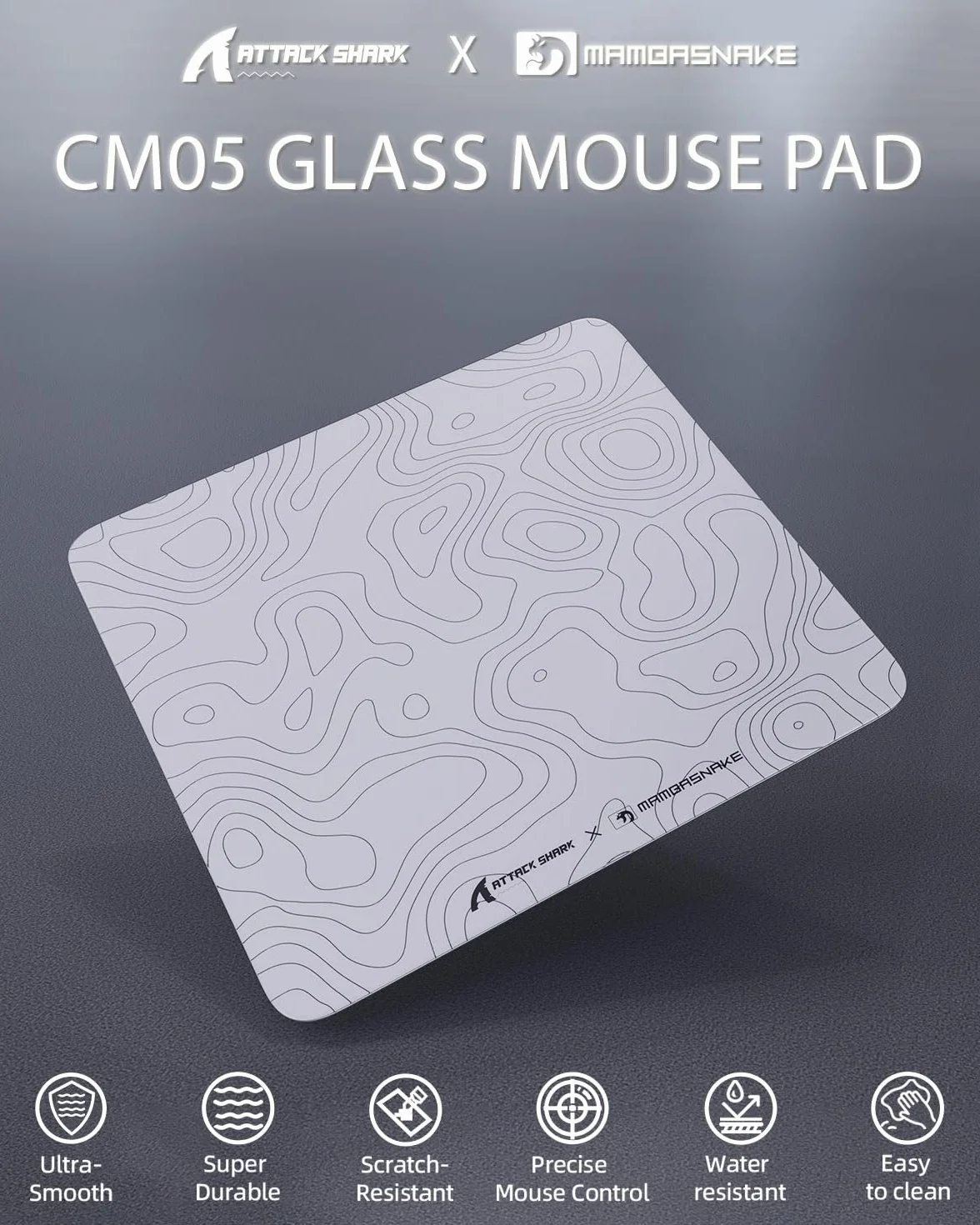 MAMBASNAKE x ATTACK SHARK CM05 Contour Glass Hard Gaming Mousepad,Nano-Micro-Etched Texture,Smooth Glass Surface,High Accuracy,Fast-Moving,Anti-Scratch, PU Leather Non-Slip Base, Large Size(450×400mm)