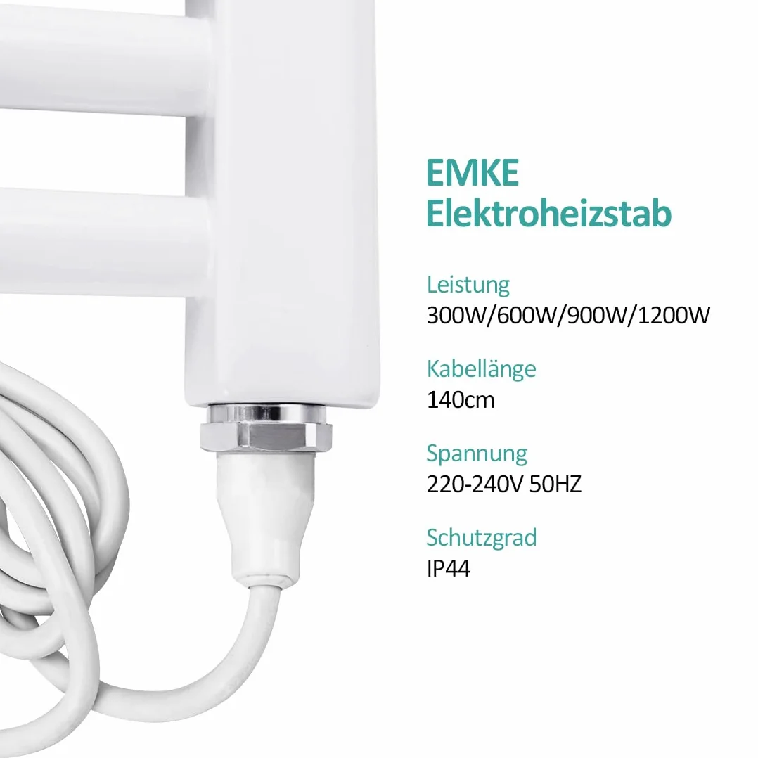 EMKE Pręt grzewczy do grzejnika łazienkowego, 1200 W, pręt grzewczy ze stali nierdzewnej do grzejników, grzejnik na ręczniki, element grzejny z wtyczką i przełącznikiem, biały
