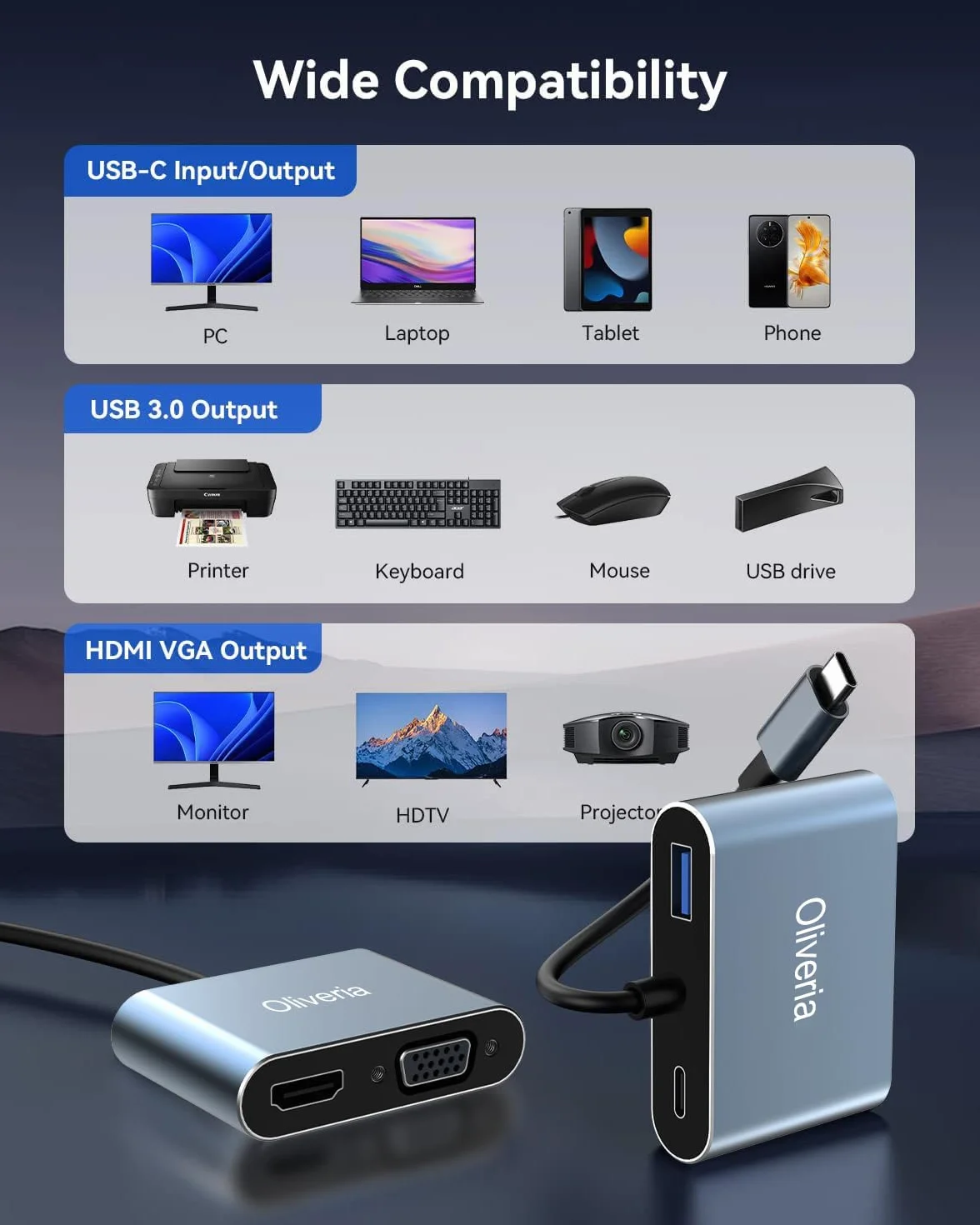 Oliveria 4K 30 Hz 4-w-1 USB C Multiport Adapter - HDMI VGA Thunderbolt 3, PD 100 W złącze ładowania, USB 3.0 do MacBook/MacBook Pro/Air, Chromebook, Dell, HDTV, Galaxy