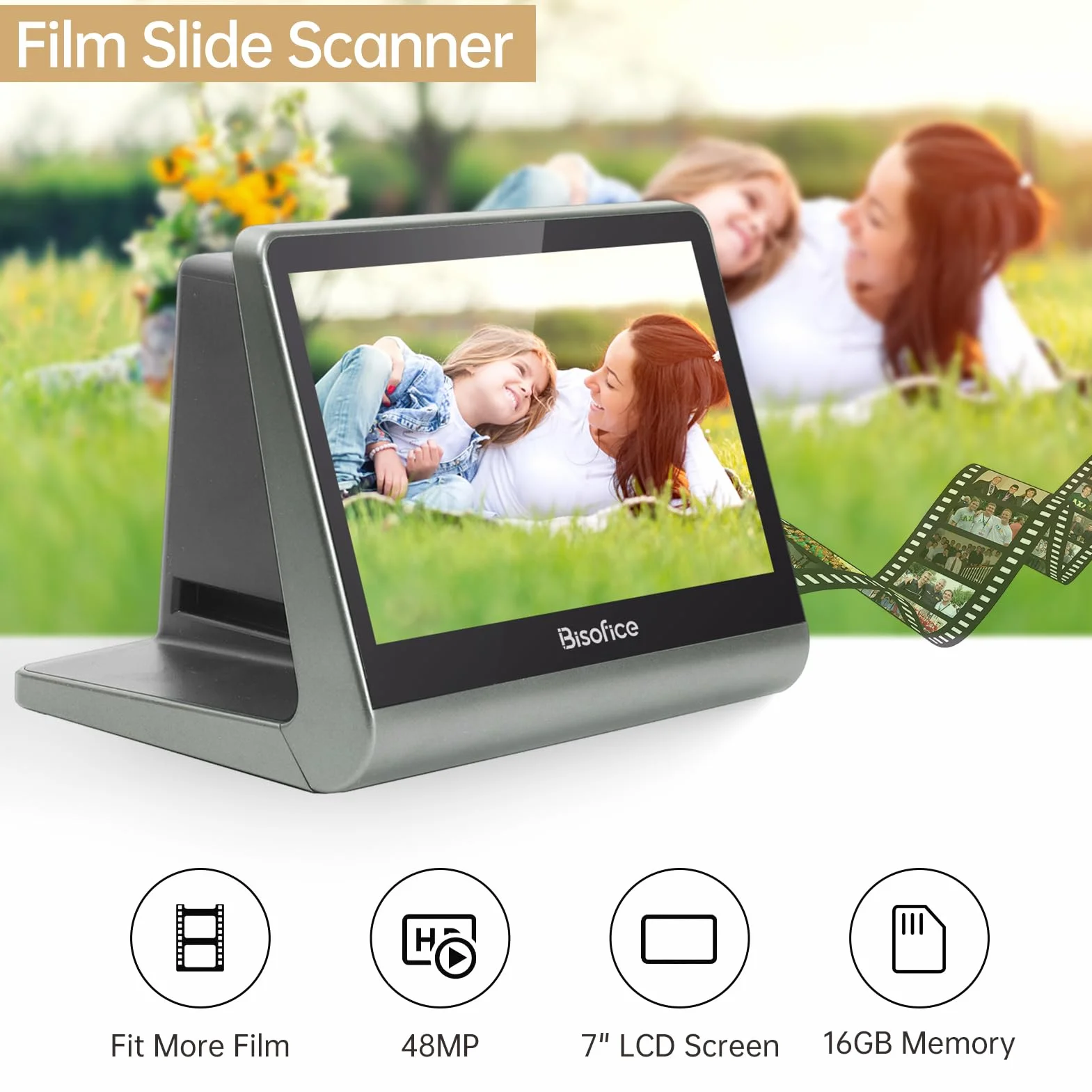 Bisofice Negatywny skaner filmowy slajdów i slajdów, z 7-calowym ekranem LCD, wbudowaną pamięcią 16 GB, konwertuje 35mm, 126, 110 negatywów, Super 8 w 24MP cyfrowy JPEG