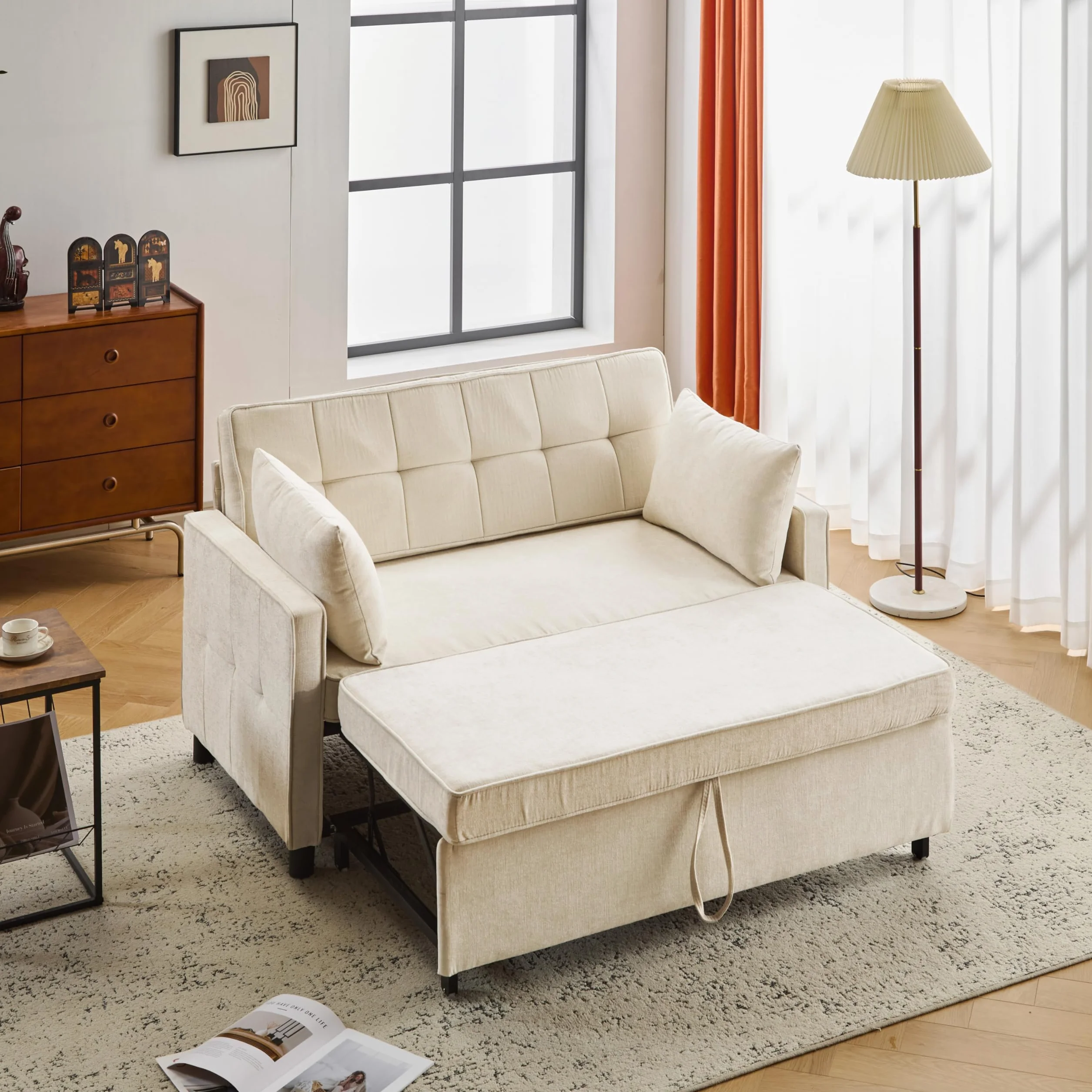 Sofa z funkcją spania 3 w 1 142x79x85 cm beżowa 2-osobowa z regulowanym oparciem