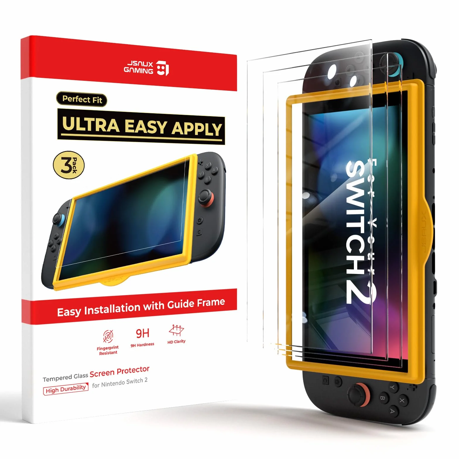 JSAUX 3-pak ochraniaczy ekranu kompatybilny z Nintendo Switch 2, szkło ochronne Ultra HD, twardość 9H, łatwy w instalacji, z ramką prowadzącą, odporne na zarysowania szkło hartowane