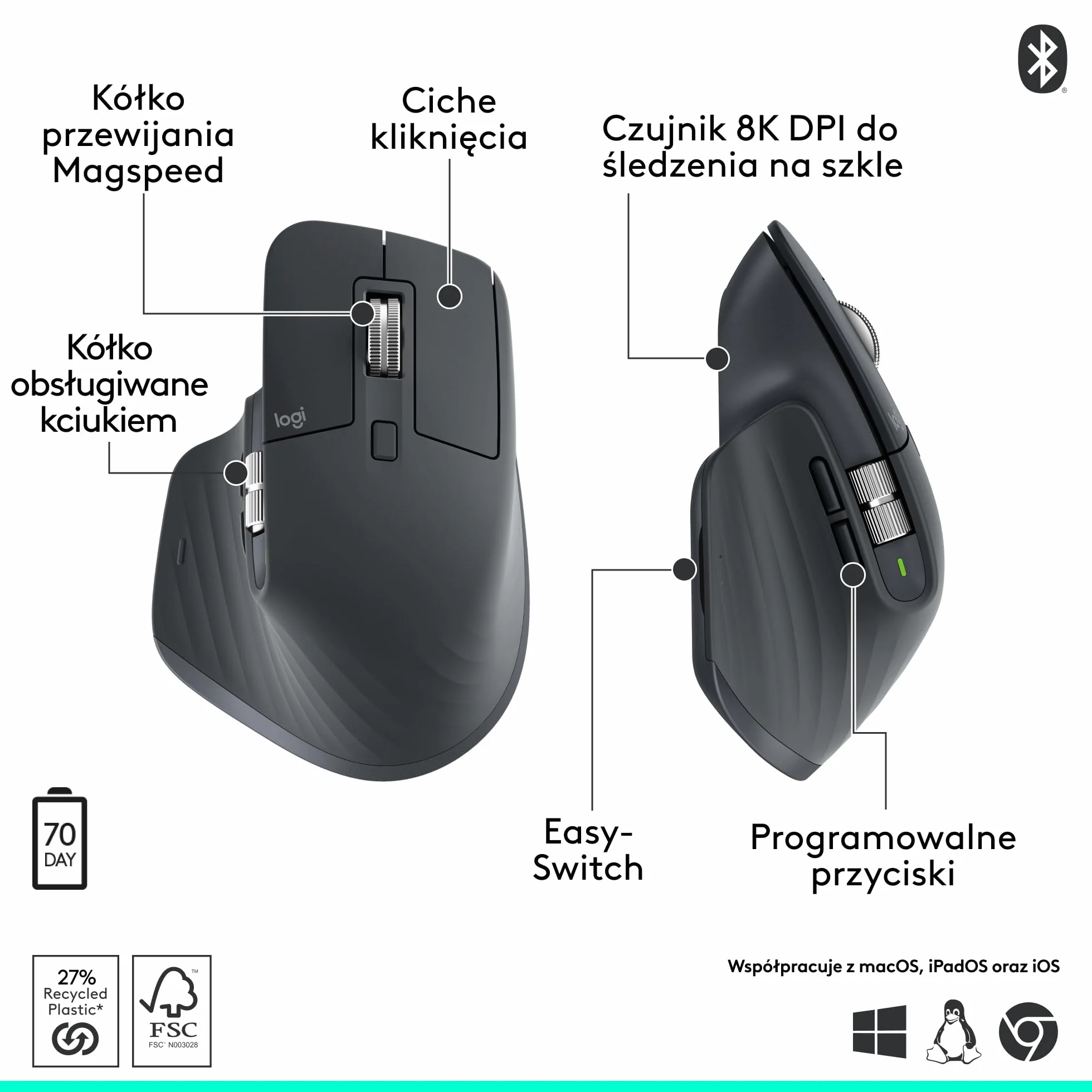 Logitech MX Master 3S – Wydajna mysz bezprzewodowa z błyskawicznym przewijaniem, Ergo, 8K DPI, śledzenie ruchu na szkle, ciche kliknięcia, Bluetooth, Windows, Linux, Chrome - Grafit