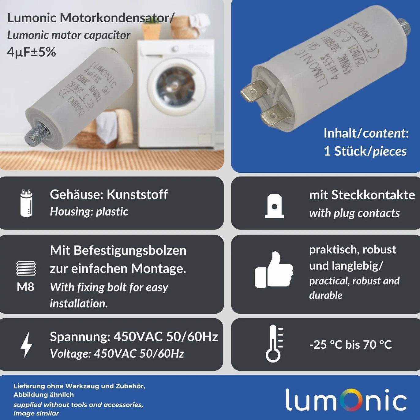 Lumonic Kondensator rozruchowy 4µF 450V | z WtyczkaX I 26x55mm I 4uF I Kondensator silnikowy z plastikowa obudowa I Kondensator operacyjny I do pomp, kosiarek, narzedzi