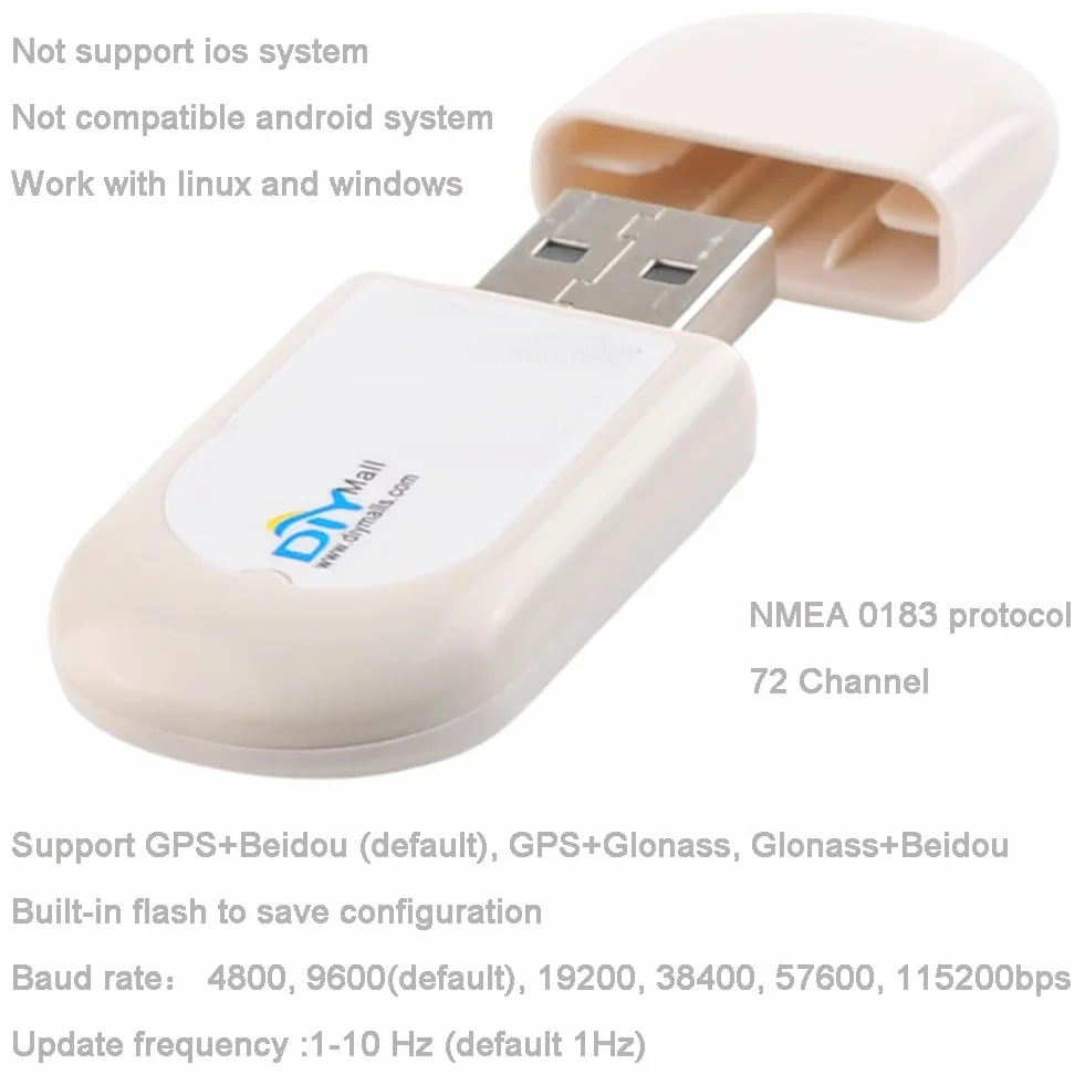 DIYmalls G72 G-Mouse moduł odbiornika GPS USB GNSS GPS Dongle NMEA 0183 ze wskaźnikiem LED PPS do systemu Linux Window PC, nie dla systemu Android, nie dla iOS
