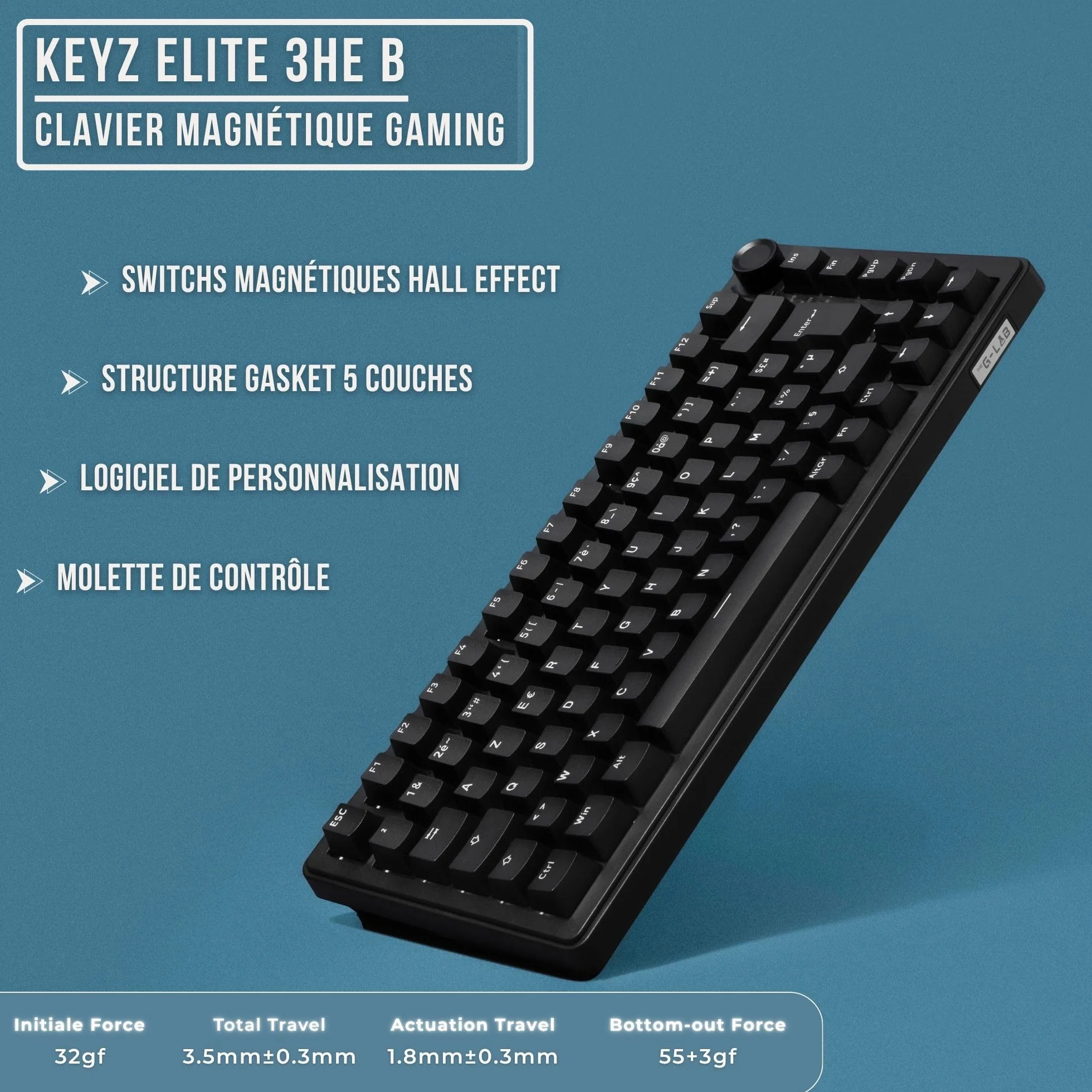The G-Lab - KEYZ Elite 300 HE Black - Magnetyczna Klawiatura Gamingowa Hall Effect 75% AZERTY FR, Przewodowa USB, 8000Hz Rapid Trigger, Regulowana Aktywacja 0,01mm, PBT Hot-Swap, RGB i Makra - Win/Mac