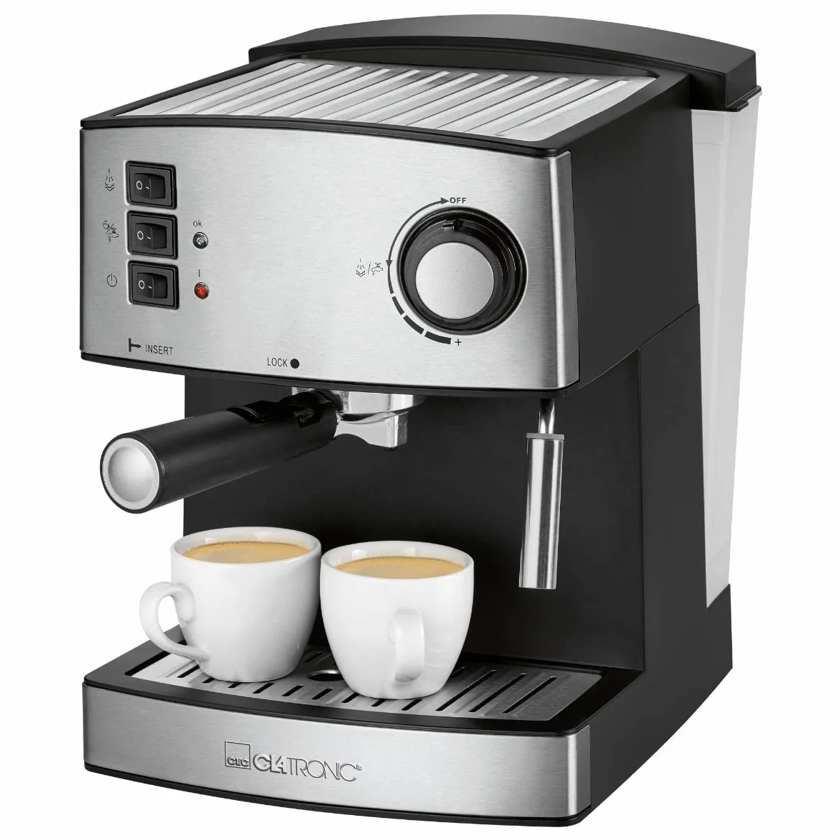 Clatronic ES 3643 ekspres do kawy i cappuccino, front ze stali nierdzewnej, ciśnienie pompy 15 bar, 1,6 litra, funkcja podgrzewania filiżanek, obrotowa dysza pary ze stali nierdzewnej z funkcją spieniania i gorącej wody