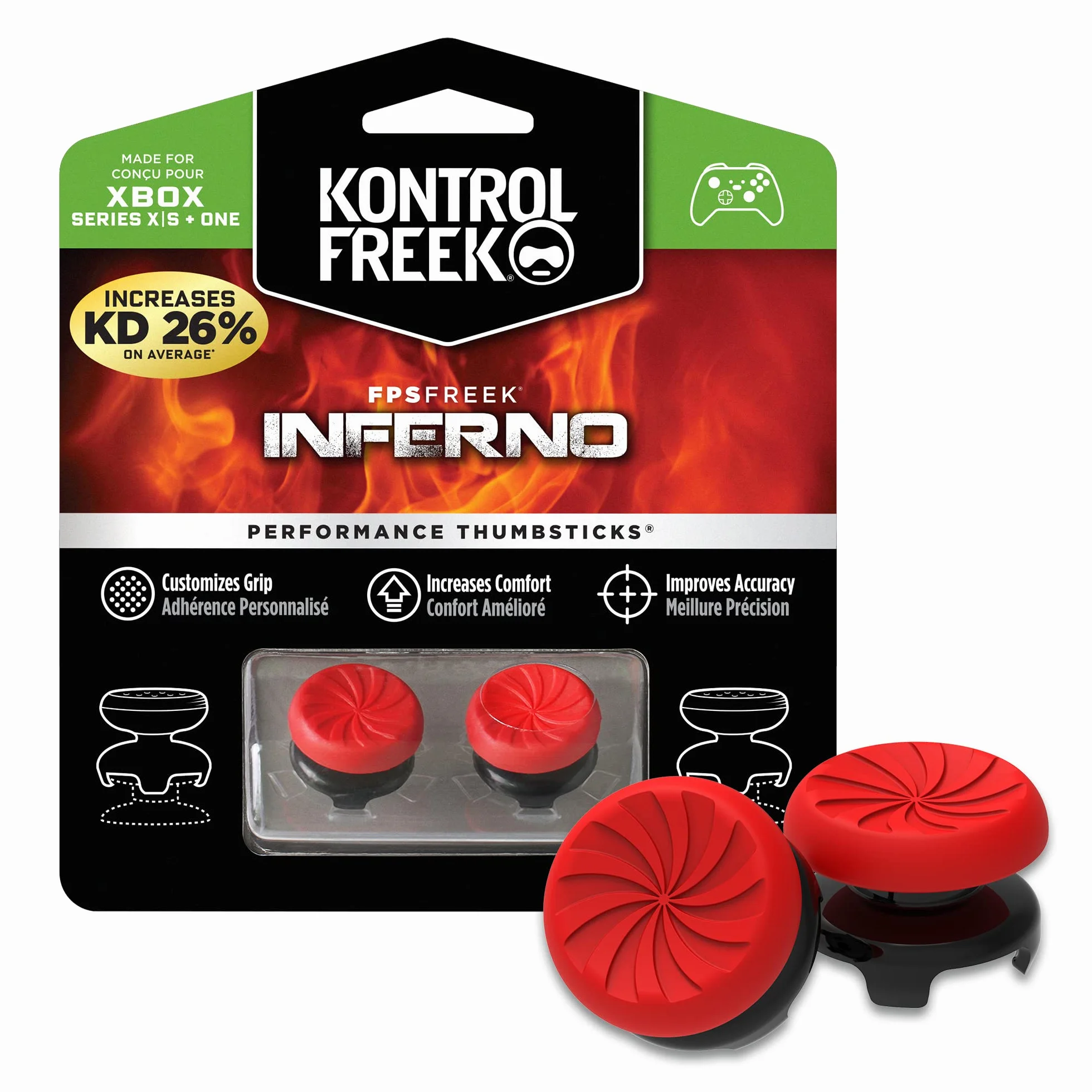 KontrolFreek FPS Freek Inferno do kontrolerów Xbox One i Xbox Series X | Performance Thumbsticks | 2 drążki wklęsłe wysokie | Czerwone