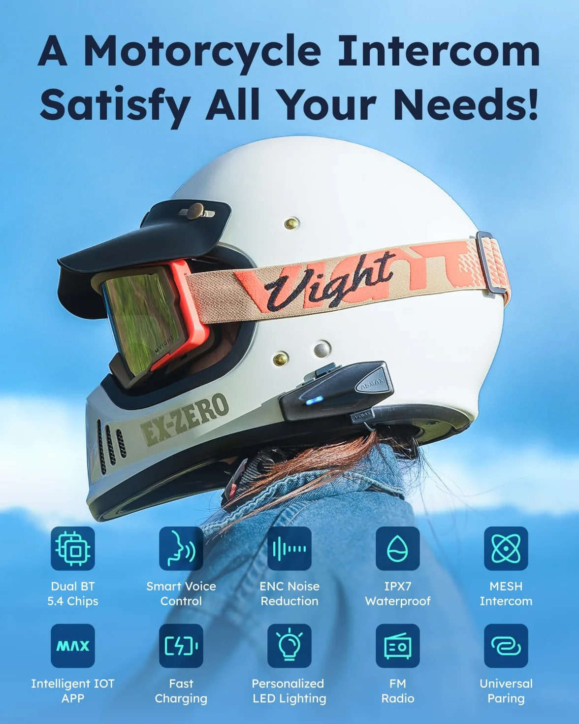 ASMAX S1 Interkom motocyklowym, komunikacja Bluetooth ze sterowaniem głosem, domofon Mesh dla 8 pilotów, szybkie ładowanie/uniwersalne/redukcja szumów, wodoodporność IP67 (szary-dwa)