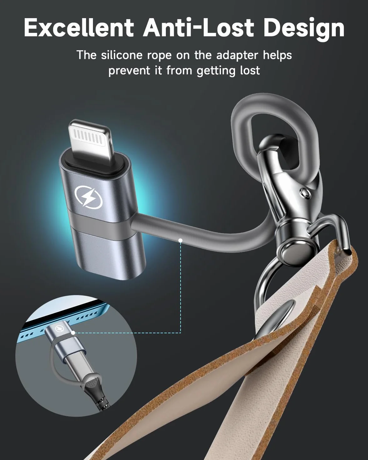 Adapter USB-C na Lightning 2 szt, Szybkie ładowanie PD i przesyłanie danych, ze sznurkiem zabezpieczającym, do iPhone 14/13/12/11, iPad, Nie dotyczy słuchawek/audio/OTG