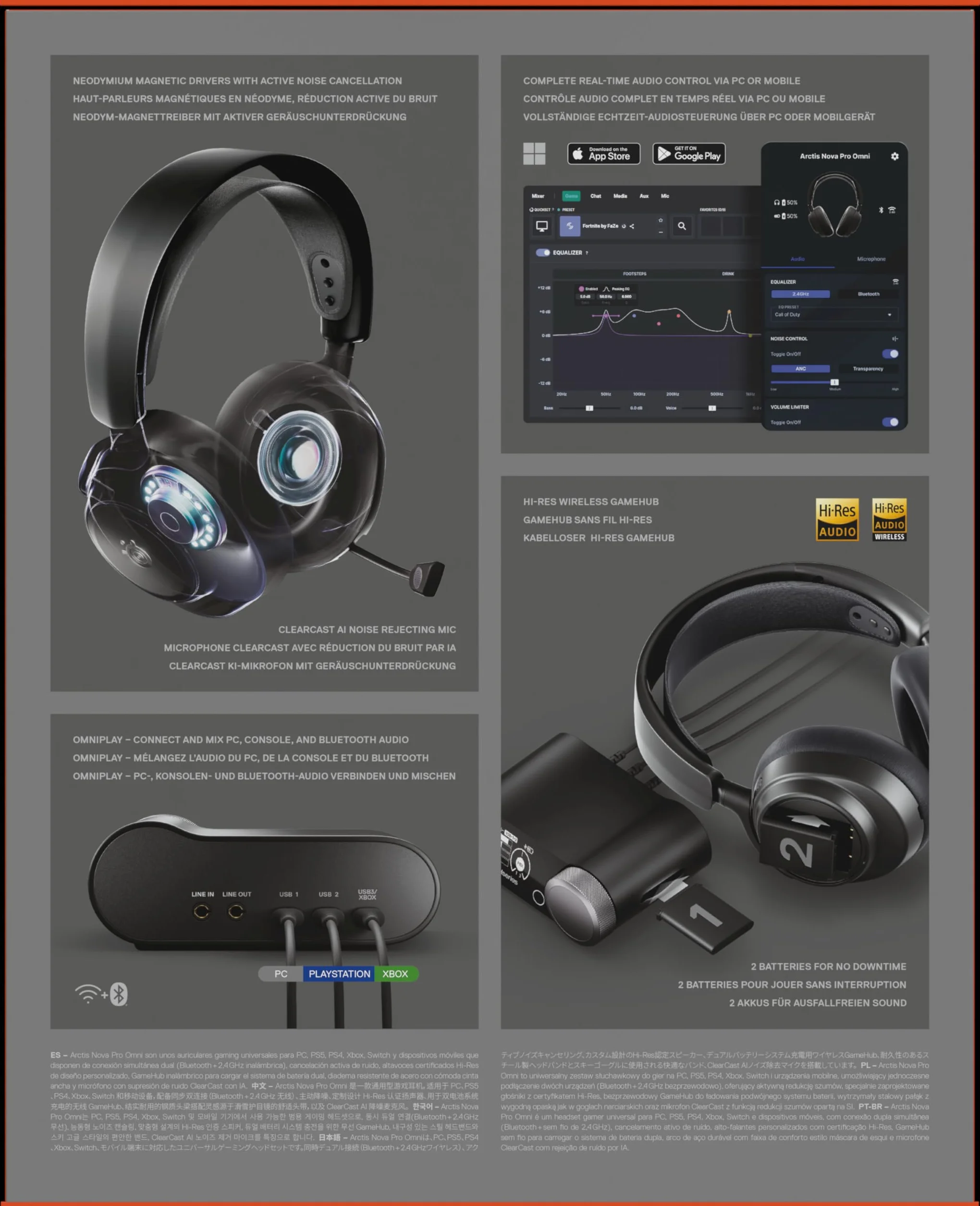 SteelSeries Arctis Nova Pro Omni – Bezprzewodowy dźwięk Hi‑Res, 96kHz/24bit, ANC, mikrofon ClearCast Pro, redukcja szumów AI, aplikacja mobilna, Mix 2,4GHz + BT, OmniPlay PC+PlayStation+Xbox – Grafit