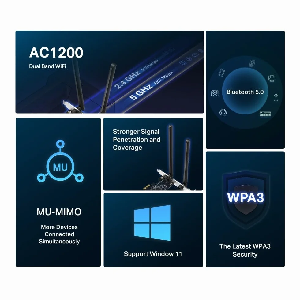 MERCUSYS MA30E Wi-Fi 5 AC1200 dwuzakresowy adapter PCIe, Bluetooth 5.0, MU-MIMO, WPA3, 2 x antena o wysokiej wydajności, kompatybilna z Windows 11/10