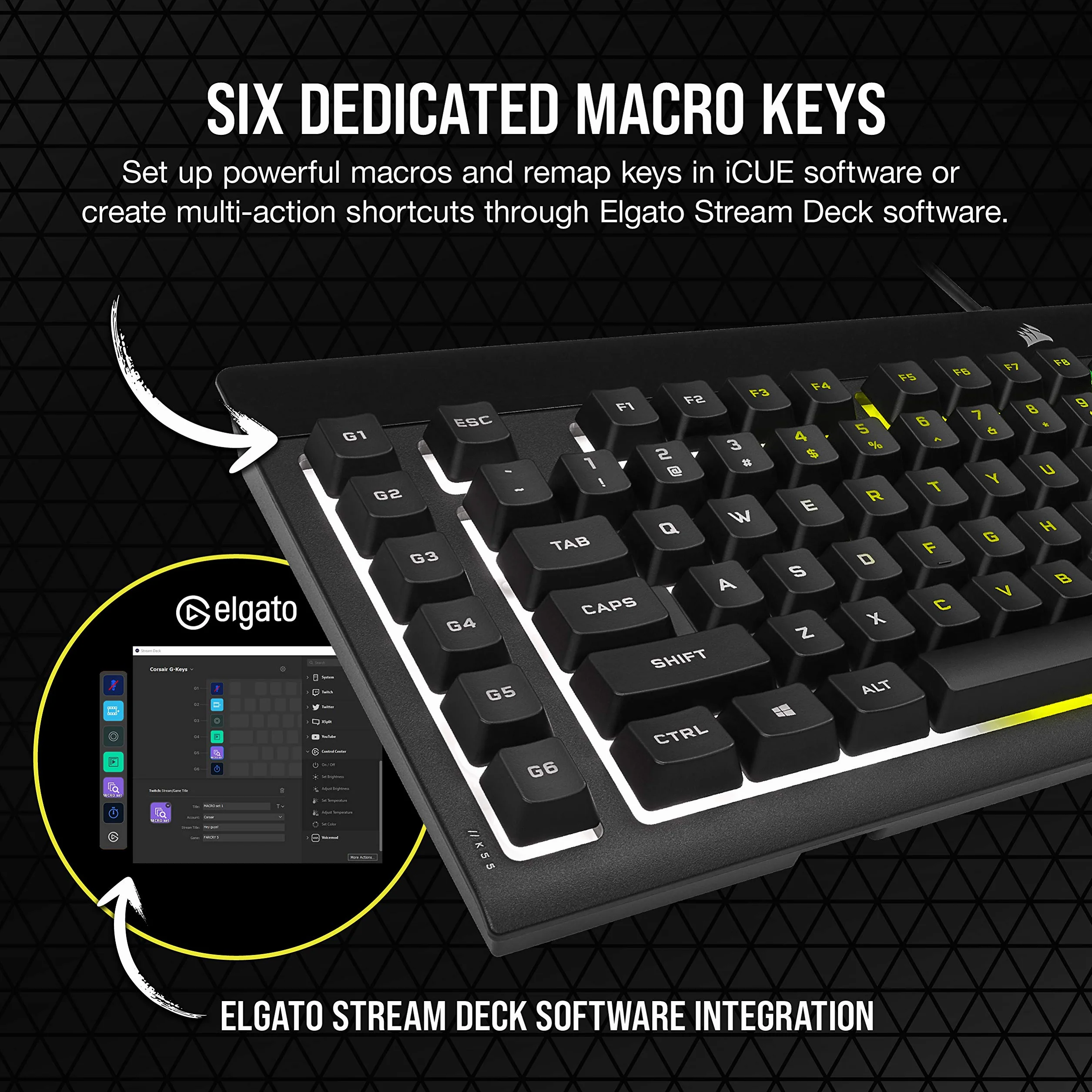 CORSAIR K55 RGB PRO przewodowa klawiatura do gier, IP42, odporna na kurz i zalanie, 6 klawiszy makro z integracją Elgato, kompatybilna z iCUE, QWERTY UK, PC, Mac, Xbox, czarna
