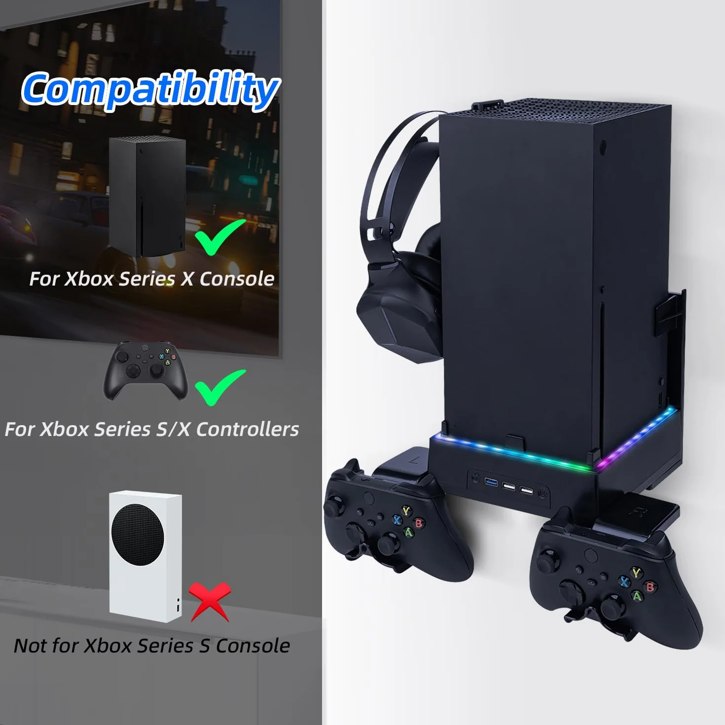 Mcbazel Xbox Series X Zestawy do Montażu ściennego z Wentylatorem Chłodzącym, Wspornik Systemu Chłodzenia LED RGB z Regulowanymi Poziomami Prędkości/Portami USB/Wspornikami Kontrolera