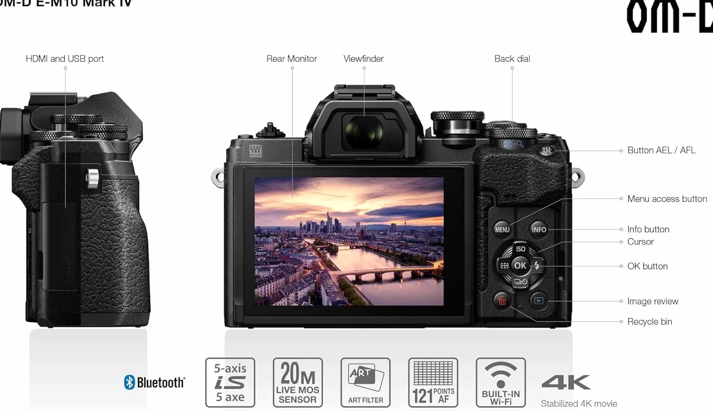 Olympus OM-D E-M10 Mark IV Micro Four Thirds System Camera, czujnik 20 MP, 5-osiowy stabilizator obrazu, ekran LCD do selfie, wizjer elektroniczny, wideo 4K, mocny AF, Wi-Fi, czarny