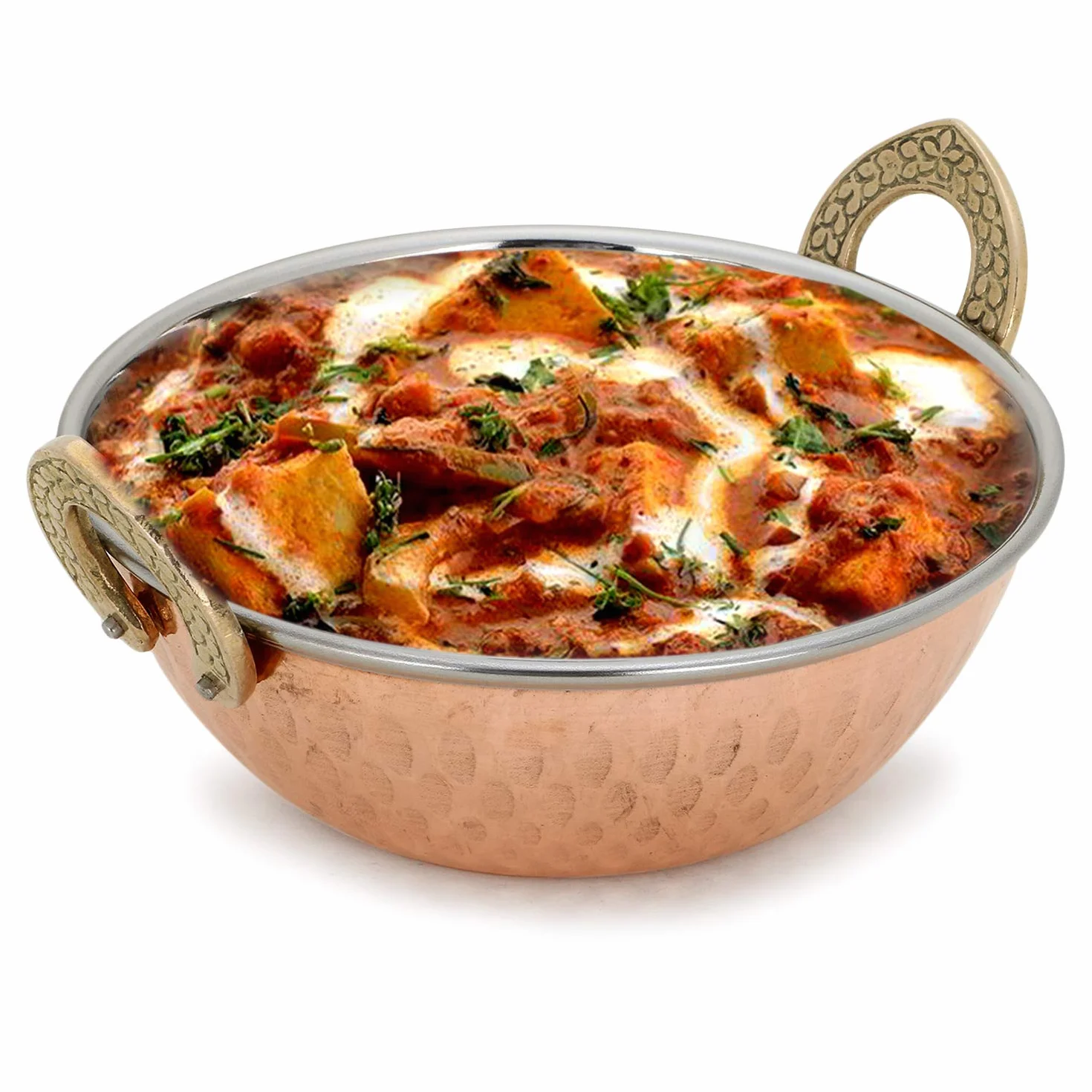Zap Impex indyjska miedź młotkowana miska do serwowania ze stali nierdzewnej, do dań indyjskich i curry, Karahi, 4 szt