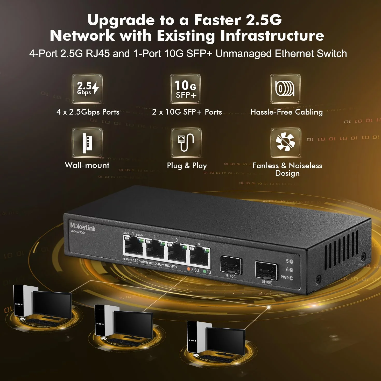 MokerLink 4-portowy przełącznik Ethernet 2,5G z gniazdem 10G SFP+, 4 porty 2,5G Base-T kompatybilne z 10/100/1000 Mbps, metal niezarządzany, mały przełącznik sieciowy, bez wentylatora