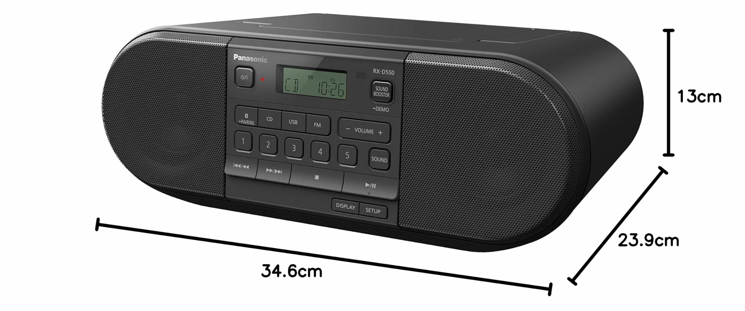 Panasonic RX-D550 przenośny odbiornik radiowy o dużej mocy 20W (CD, Bluetooth, USB, pełnozakresowe głośniki 8cm, Sound Booster, na baterie), czarny