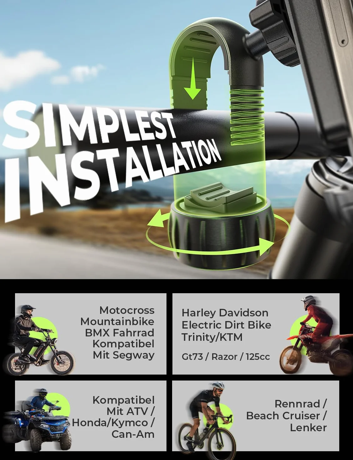 LISEN Uchwyt na telefon komórkowy na kierownicę rowerową, uniwersalny uchwyt na telefon komórkowy 360° z podwójnym zabezpieczeniem, uchwyt na smartfon do roweru do łatwego montażu, kompatybilny z