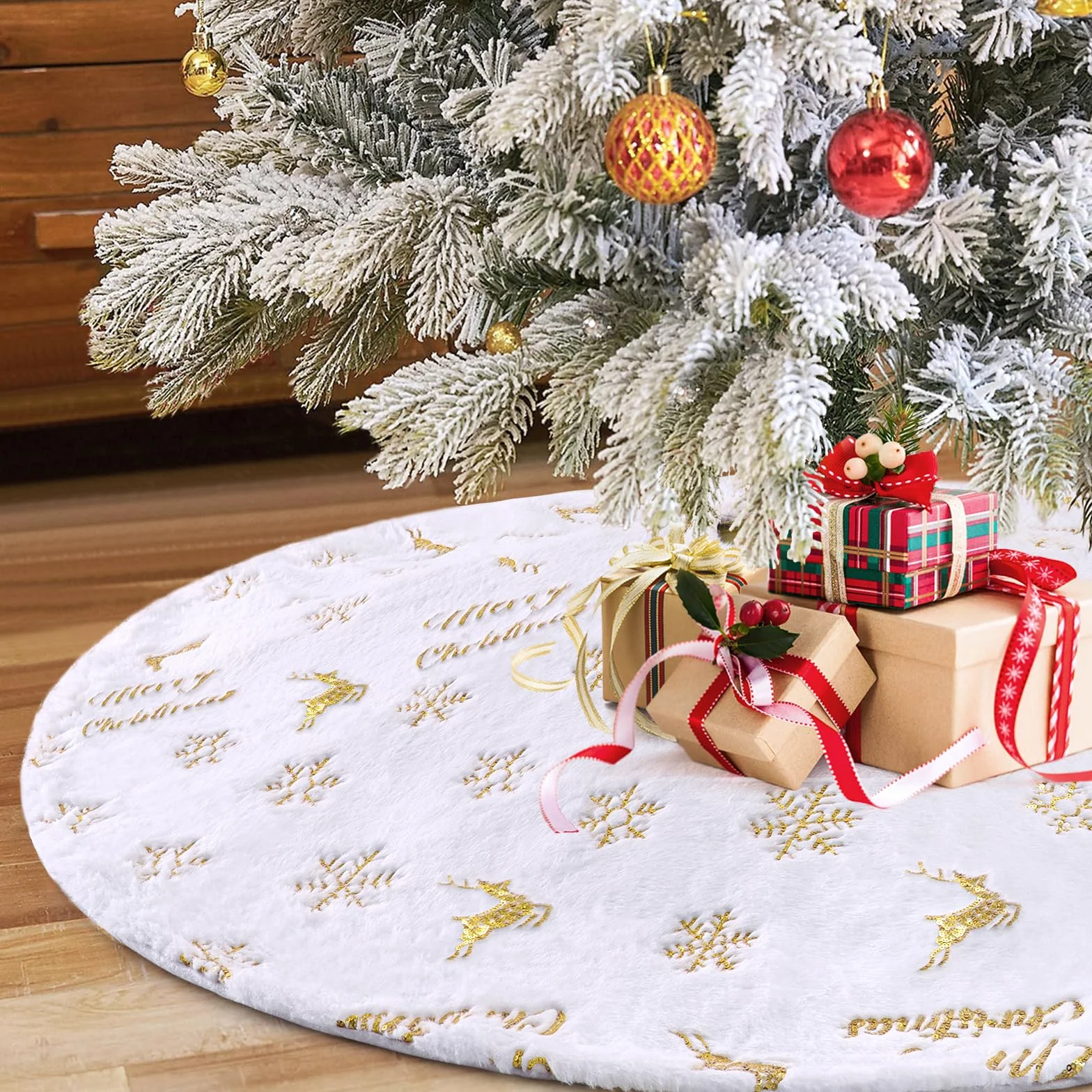 LOMOHOO Dywanik pod choinkę okrągły 90 cm/36 cali, koc pod choinkę z złotymi pajęczynami i płatkami śniegu, biały pluszowy koc pod choinkę, dywan pod choinkę na wesołe Święta, dekoracja na choinkę