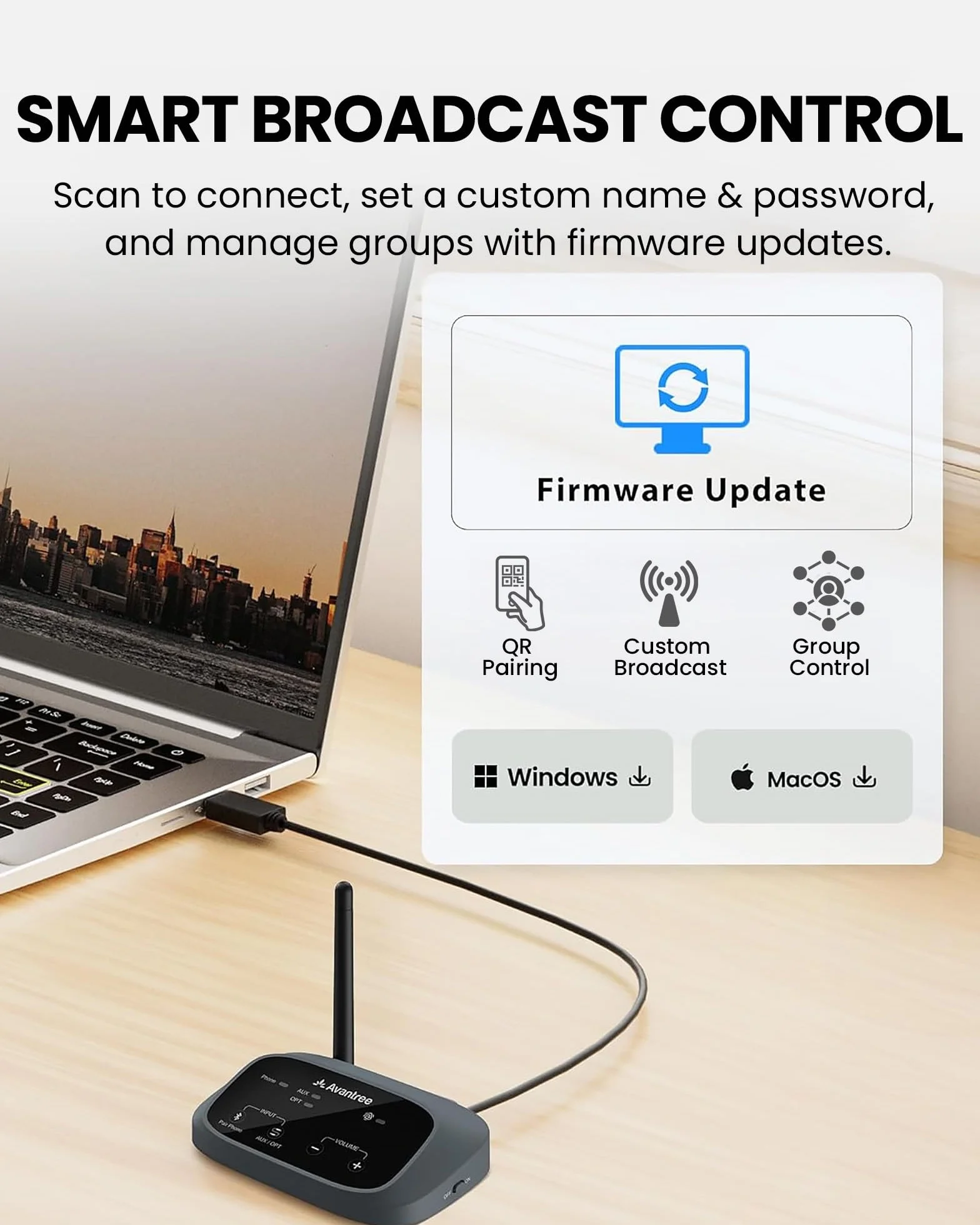 Avantree Oasis Aura – nadajnik Auracast do wspomagającego słuchania, transmisja indywidualna do kościołów, telewizji i miejsc publicznych, kompatybilny z urządzeniami audio Auracast Auracast
