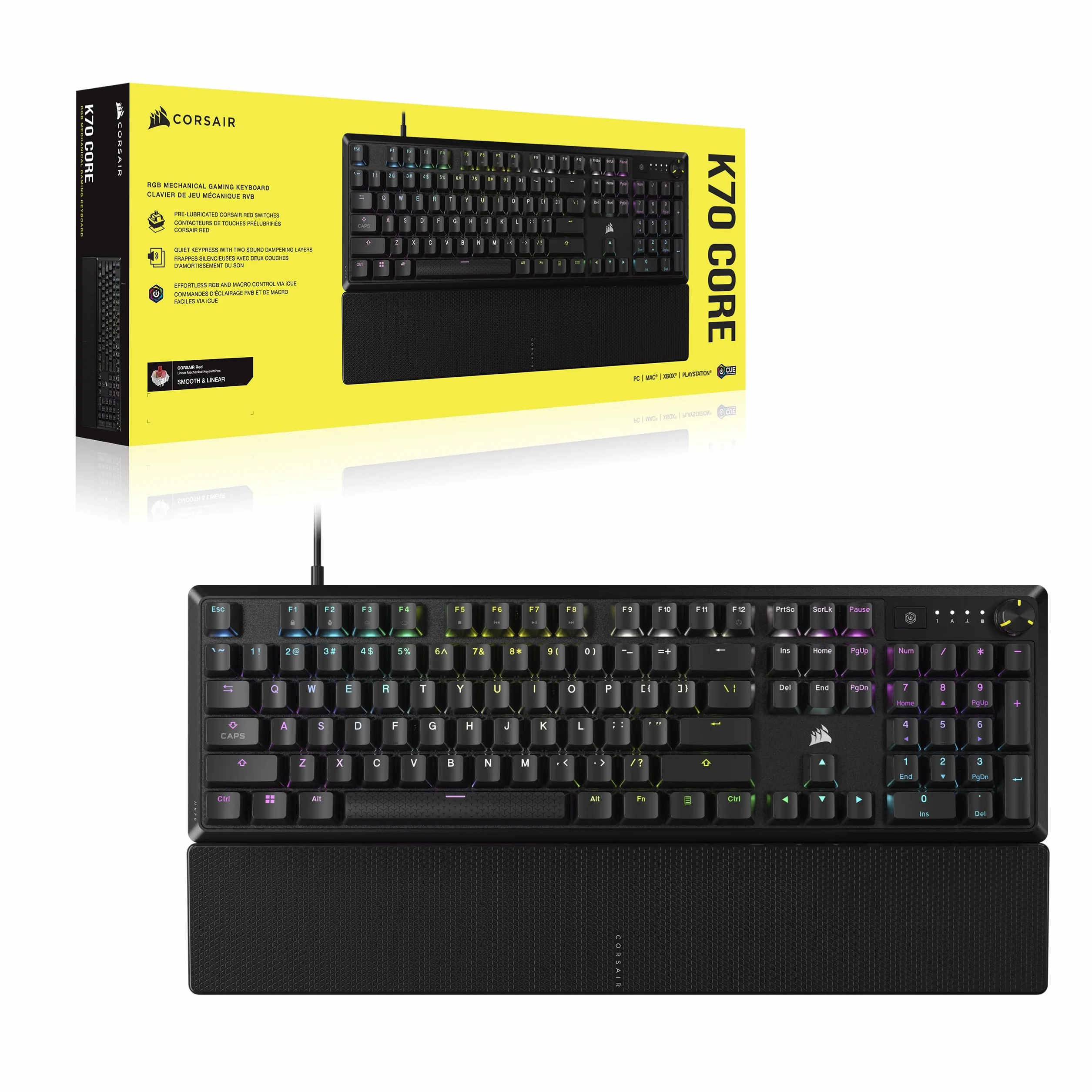 CORSAIR K70 CORE RGB mechaniczna przewodowa klawiatura do gier z podpórką pod nadgarstki, wstępnie nasmarowane czerwone przełączniki liniowe MLX, SOCD, malowane ABS klawisze, tłumiące dźwięk, pokrętło