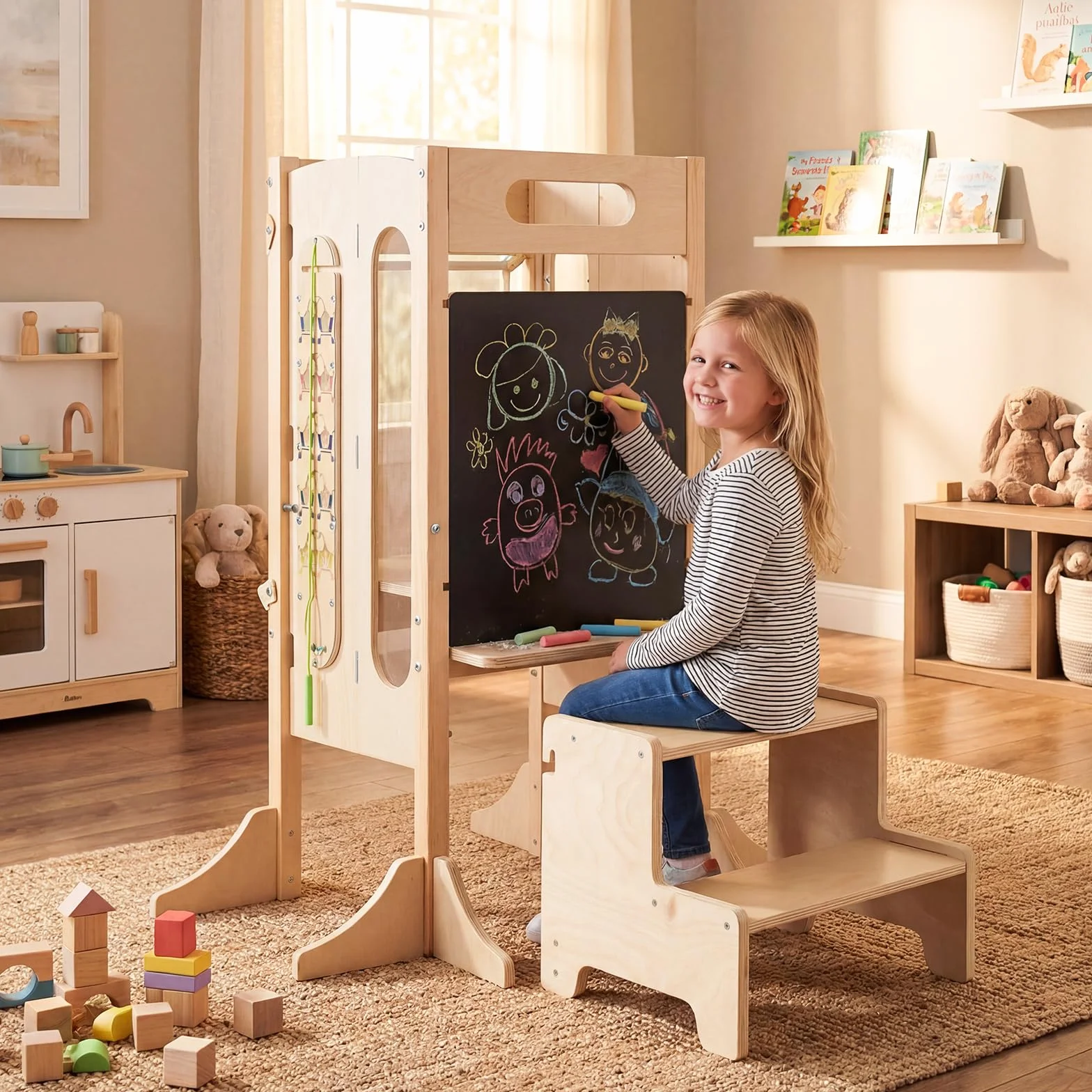 COSTWAY Wieża edukacyjna 4 w 1, składana, taboret z drewna z 2-stopniowym taboretem, tablicą i zdejmowaną siatką zabezpieczającą, Learning Tower Montessori, stołek dla dzieci od 3 lat, kolor naturalny