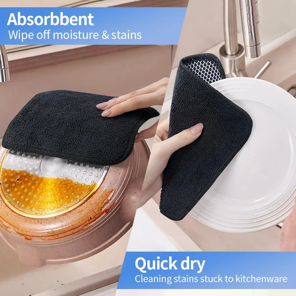 KinHwa Microfiber Dish Cloths Absorbent Quick Dry 7x7 inch 9 Pack Black