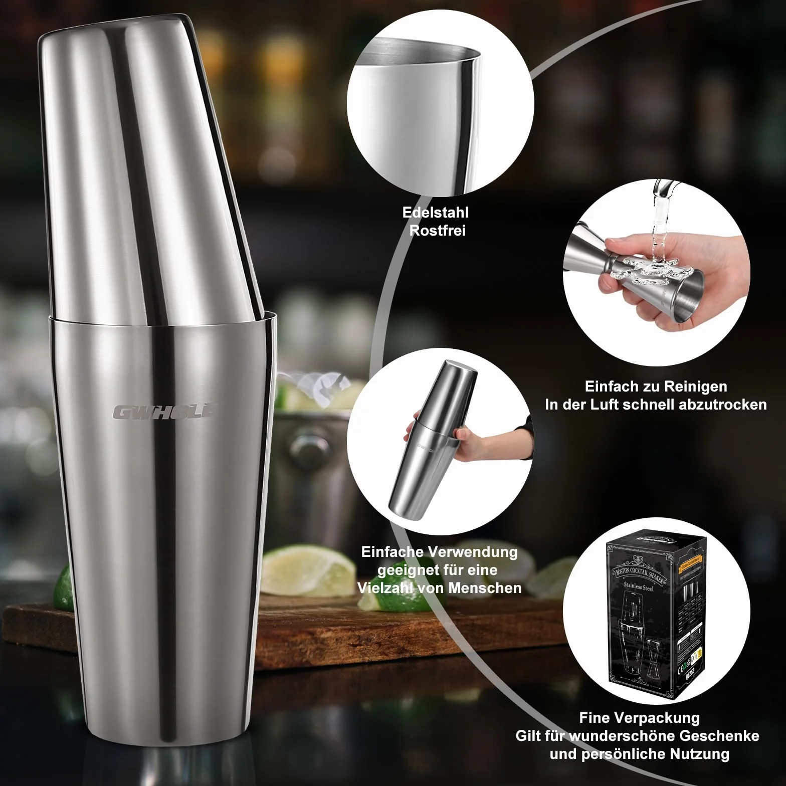 GWHOLE Zestaw do koktajli 750ml ze stali nierdzewnej 304, zestaw do koktajli, shaker do koktajli Boston, mikser, zestaw barmana, akcesoria barowe z miarką 550ml, do domu, na imprezę, prezent