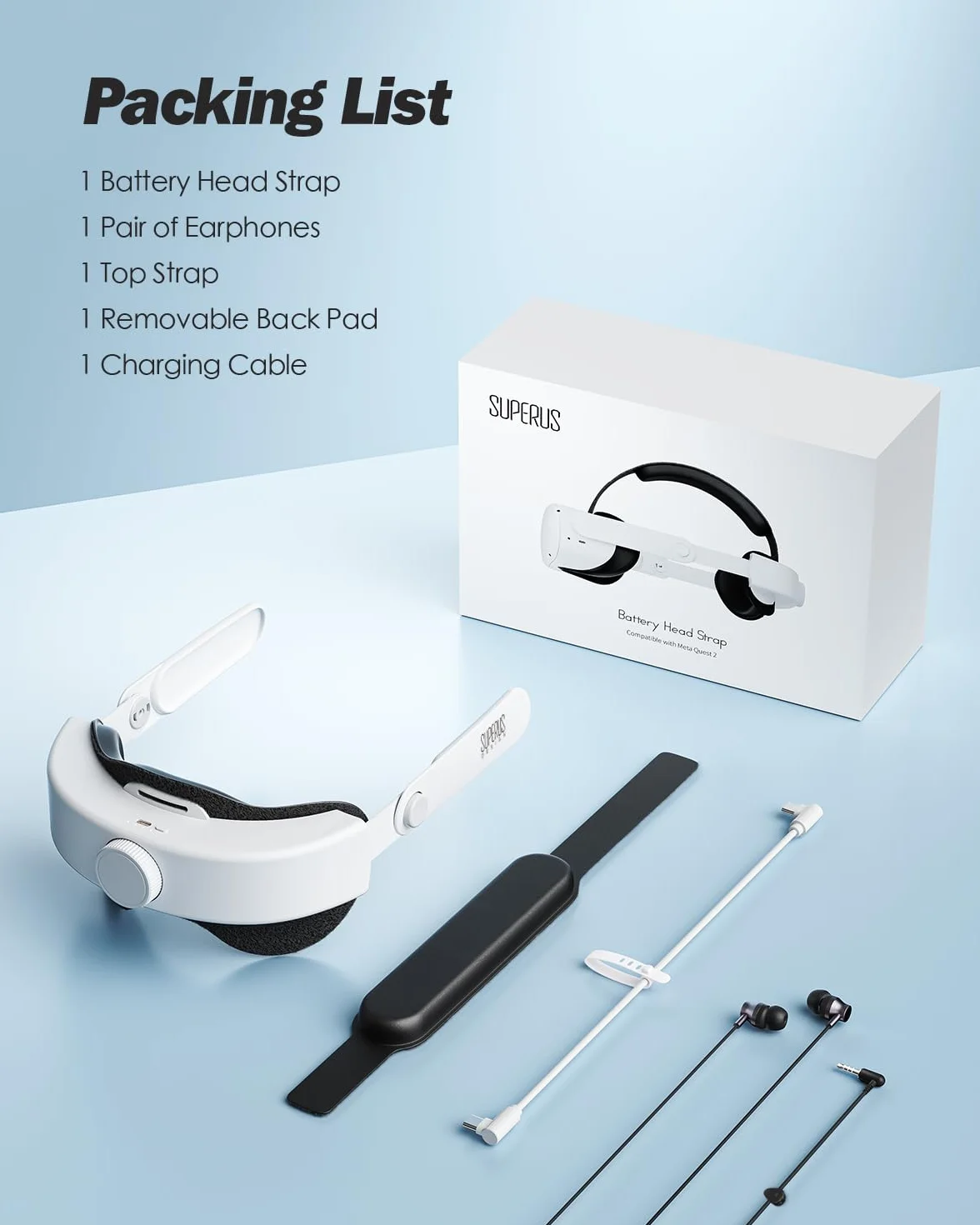 SUPERUS Regulowany Pasek na Głowę Baterii dla Quest 2 ze Słuchawkami, Akcesoria Zastępcze do Meta/Oculus Quest 2