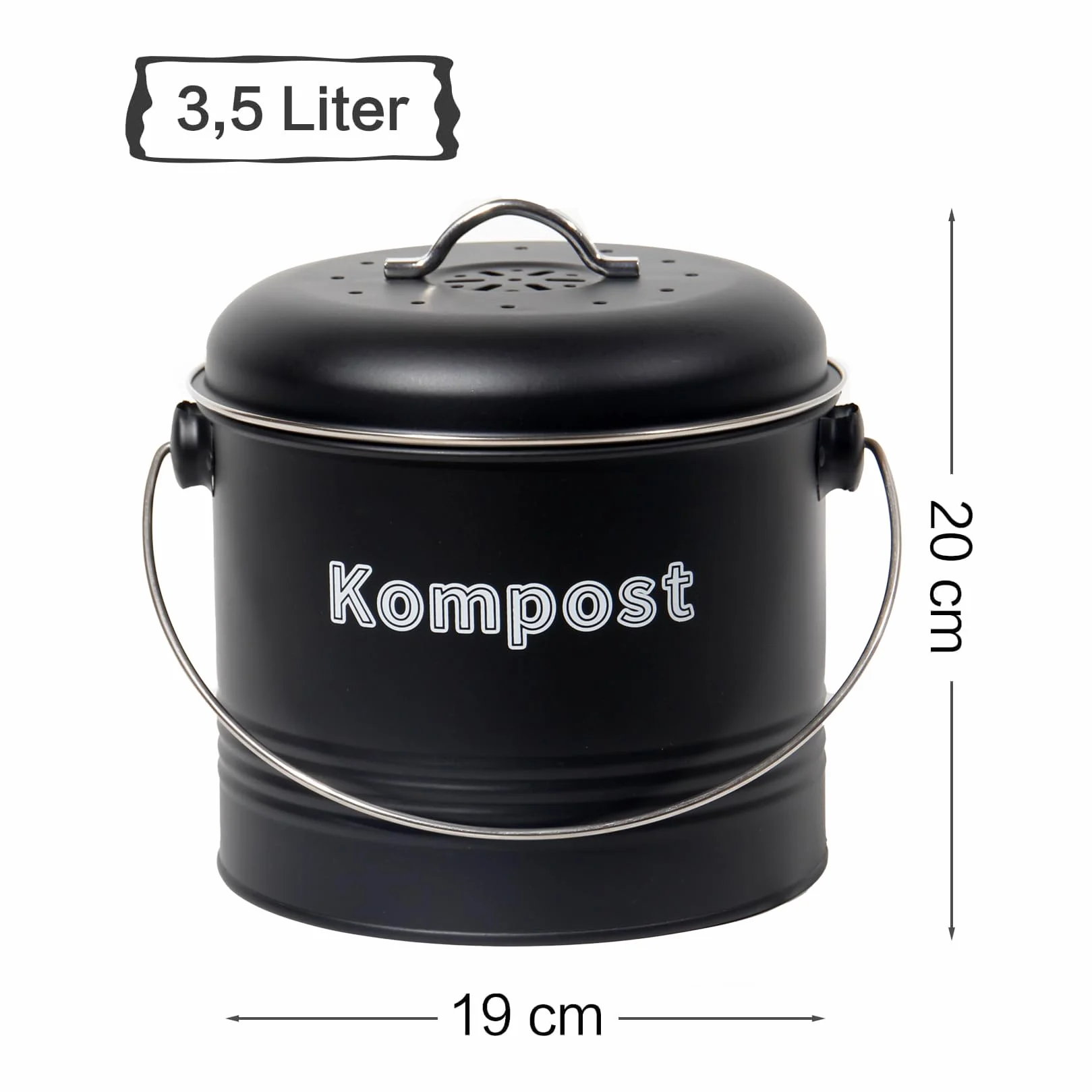 Theo&Cleo Organiczny kosz na śmieci kuchenny, 3,5 l, odporny na zapachy, z filtrami z węglem aktywnym, kosz na kompost, metal, organiczne odpady retro (czarny)