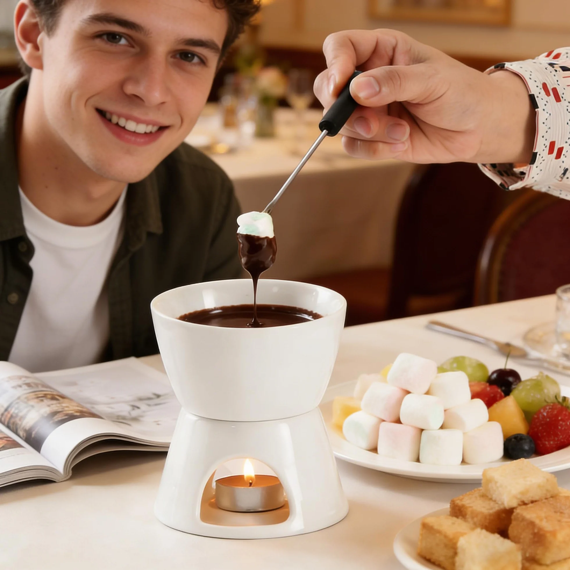 Zestaw garnków do czekoladowego fondue, kompletny zestaw do serowego fondue ze świecą i 4 widelcami, mini garnek do czekoladowego fondue, porcelanowy garnek do topienia, do domu,Biały