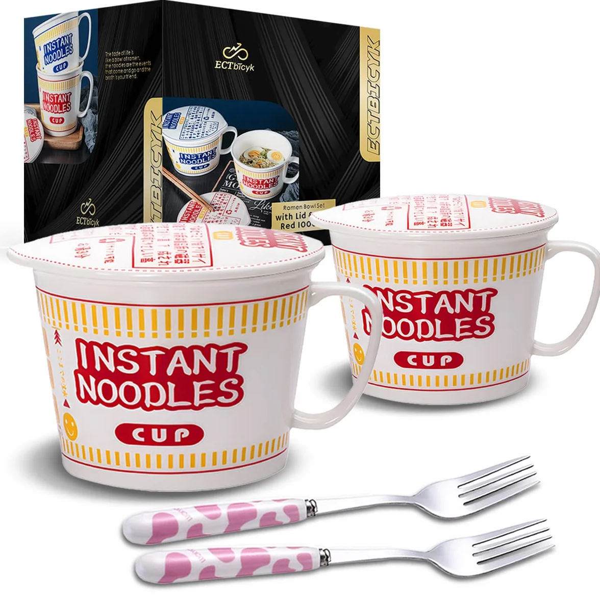 Ceramiczna miska na makaron 1000 ml z pokrywką, zestaw z widelcem, niebieska