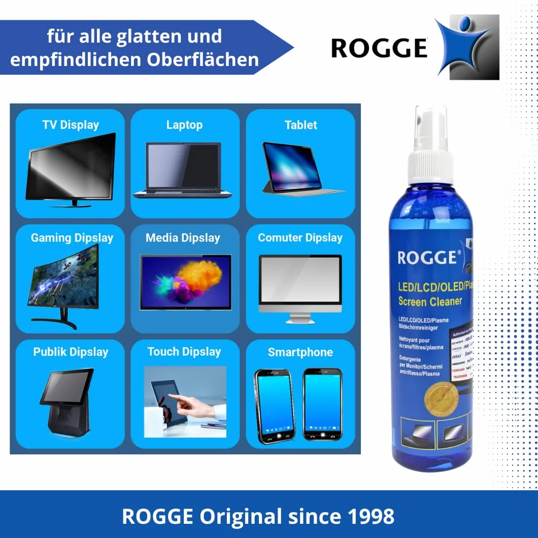 ROGGE 250 ml oryginalny, LCD - TFT - LED - TV - wyświetlacze dotykowe + plazmowy środek do czyszczenia ekranów. Oryginalny produkt od 1998 roku
