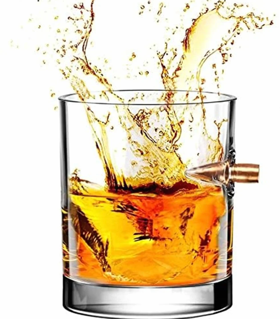 Szklanki do Whisky z Wkładką Pocisku,Ręcznie Robione Szklanki z Kryształu Bezołowiowego – Prezent dla Taty, Mężczyzny, Miłośnika Bourbona lub Scotch – Urodziny, Święta, Walentynki (A-2pc)