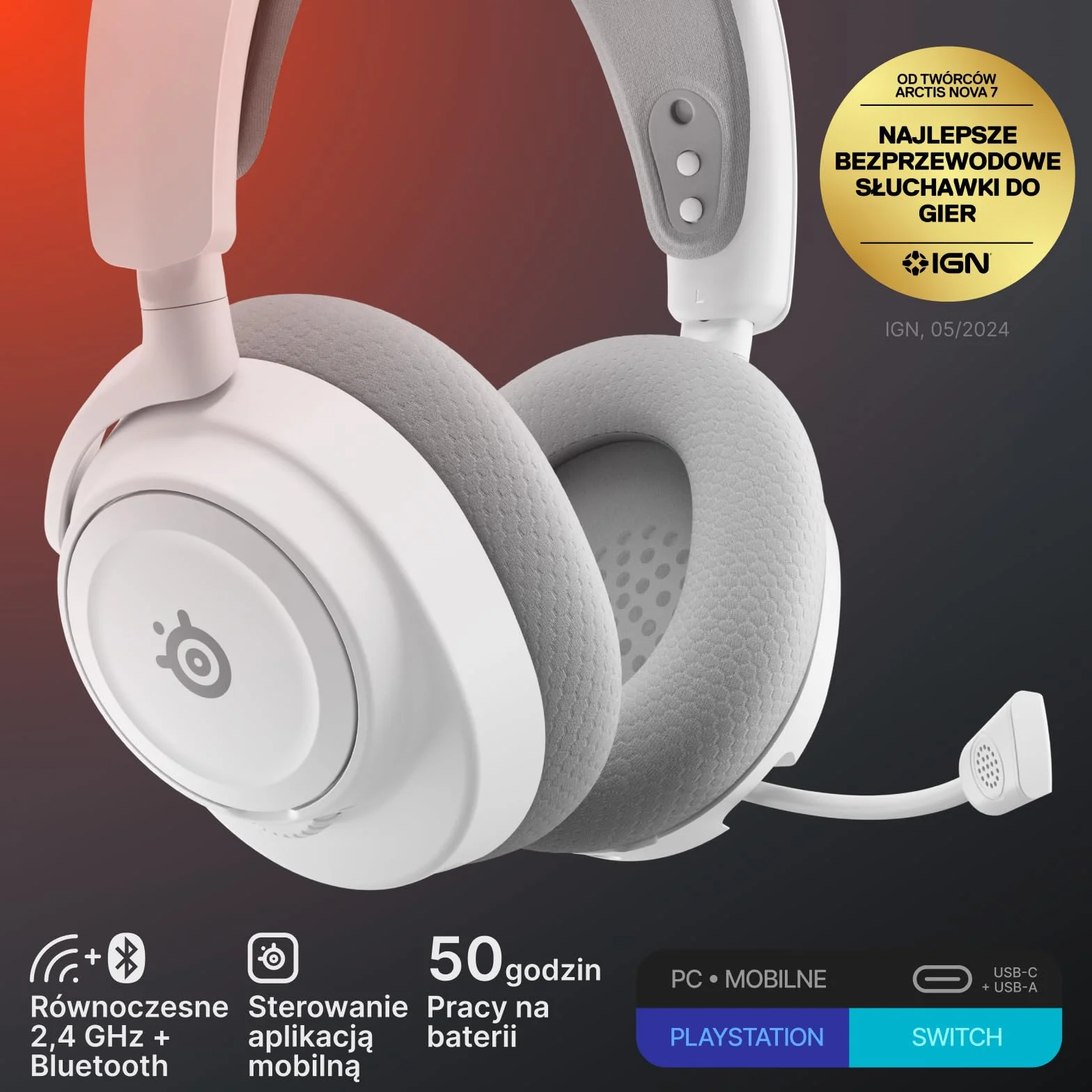 SteelSeries Arctis Nova 7 Wireless Gen 2 do gier, 50H, przetworniki neodymowe, 2,4 GHz/Bluetooth, PC, PS5, Switch