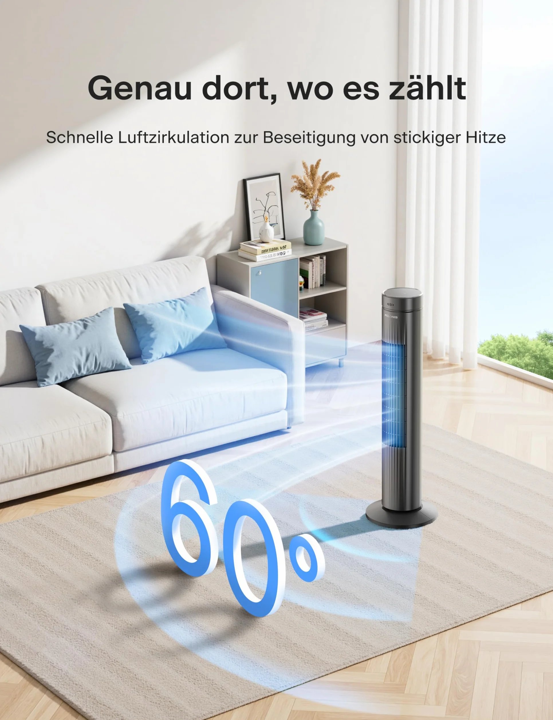 PELONIS 76 cm Wentylator wieżowy, cichy mobilny wentylator z timerem i oscylacją 90°, tower fan z timer do 7 godzin, 4 tryby 3 prędkości, Czarny