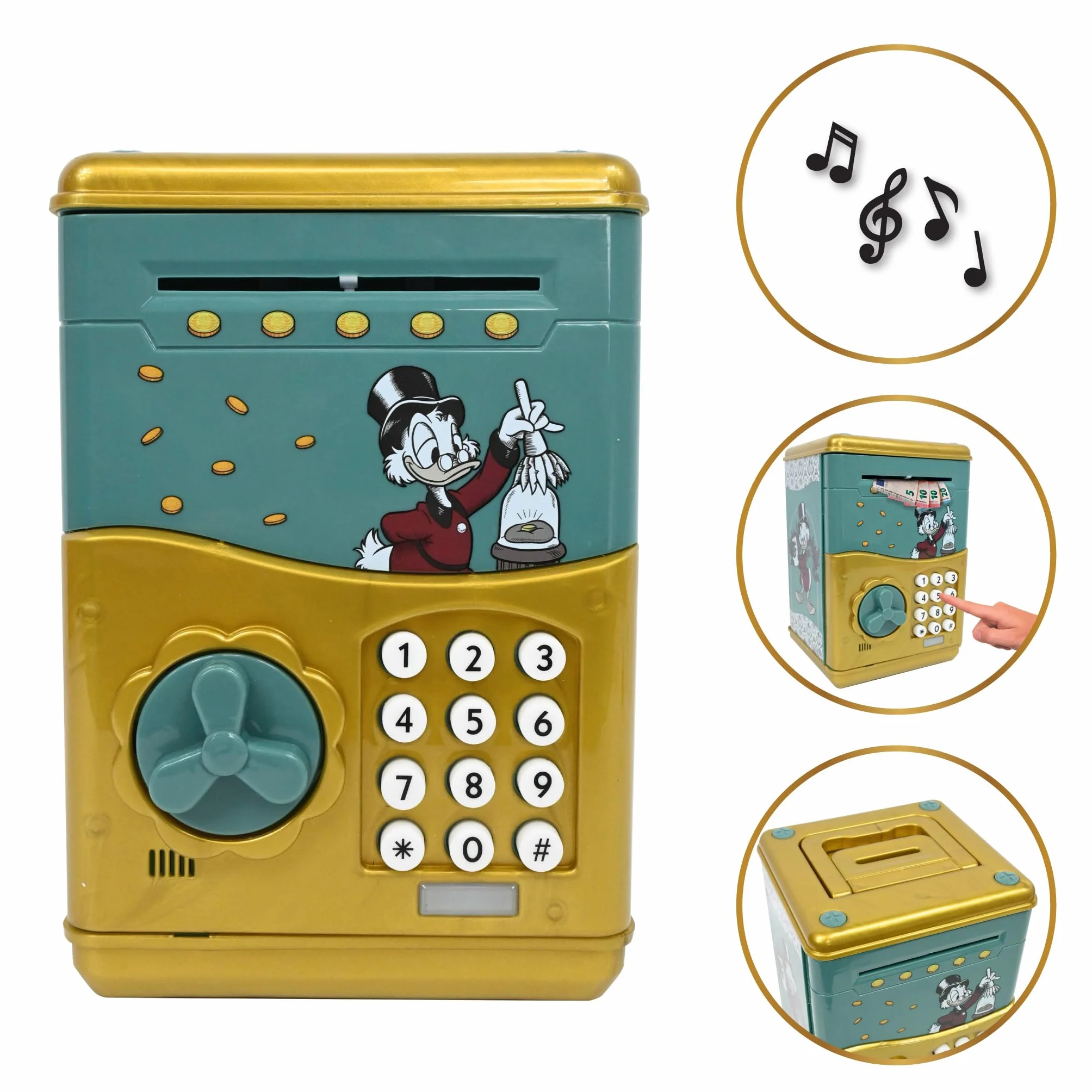 Lexibook, Disney Classics, Elektroniczna Skarbonka SknerUS, Efekty Dźwiękowe i Świetlne, 9 Utworów Muzycznych w Zestawie, Zielony, Żółty, JG150SC