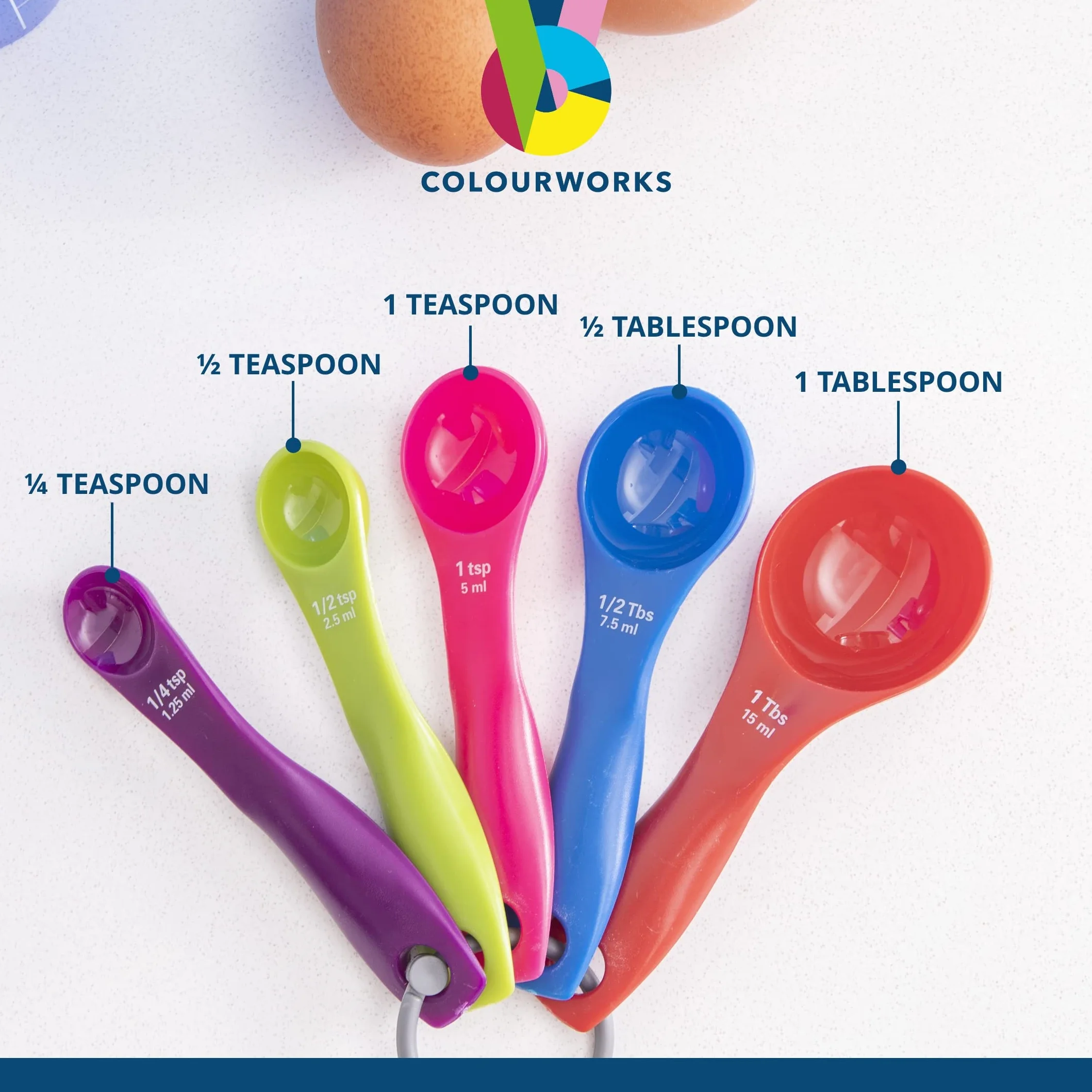 Colourworks Zestaw łyżek pomiarowych, 5 łyżek do pomiaru żywności, trwałe, odporne na plamy i nadają się do mycia w zmywarce, tworzywo sztuczne, jasne kolory, jasne
