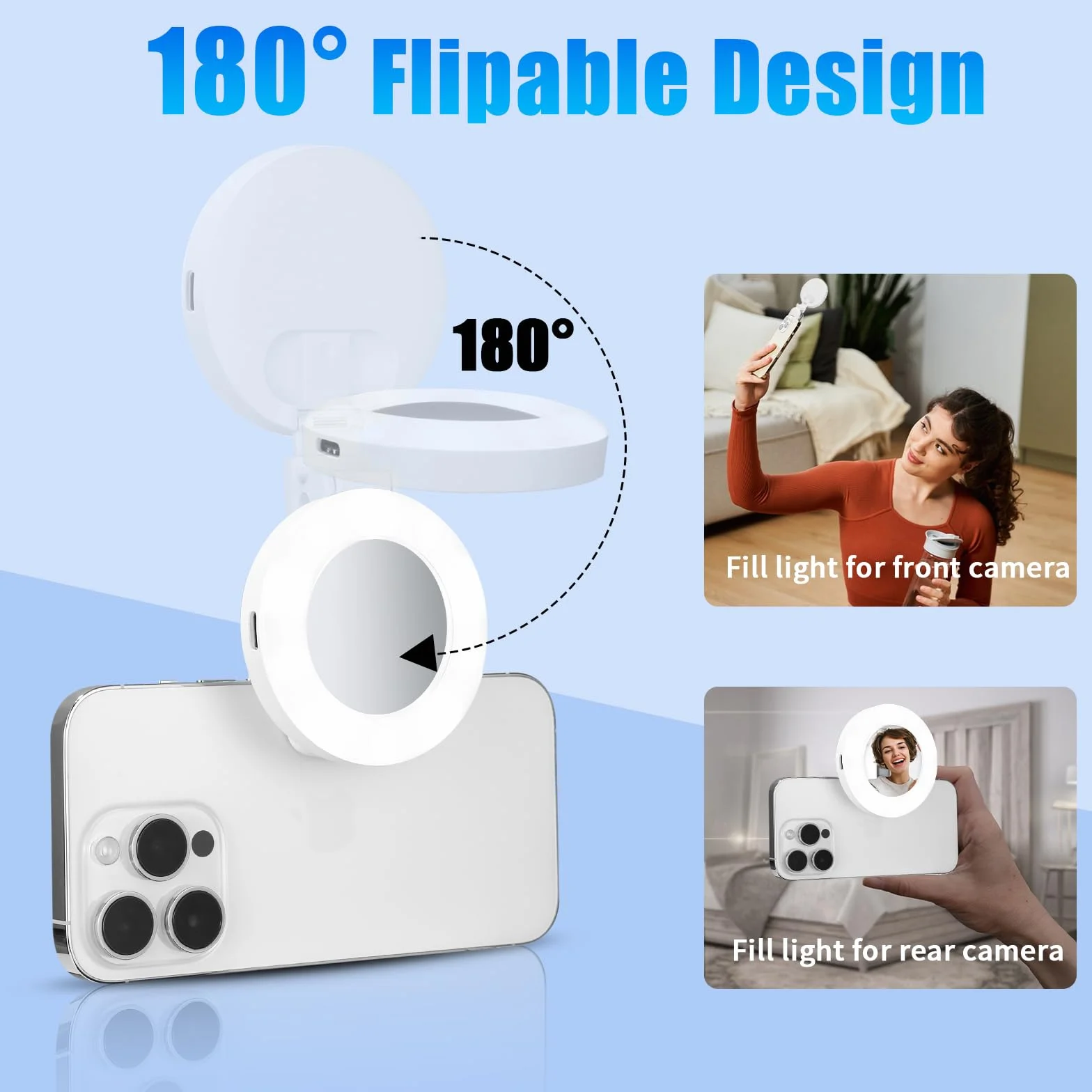 Lampa pierścieniowa na telefon komórkowy, lampa wideo z lustrem, lampa pierścieniowa, 3 ściemniane kolory i 5 poziomów jasności, obracane o 180°, światło do selfie, wideokonferencji, do vlogów Tiktok