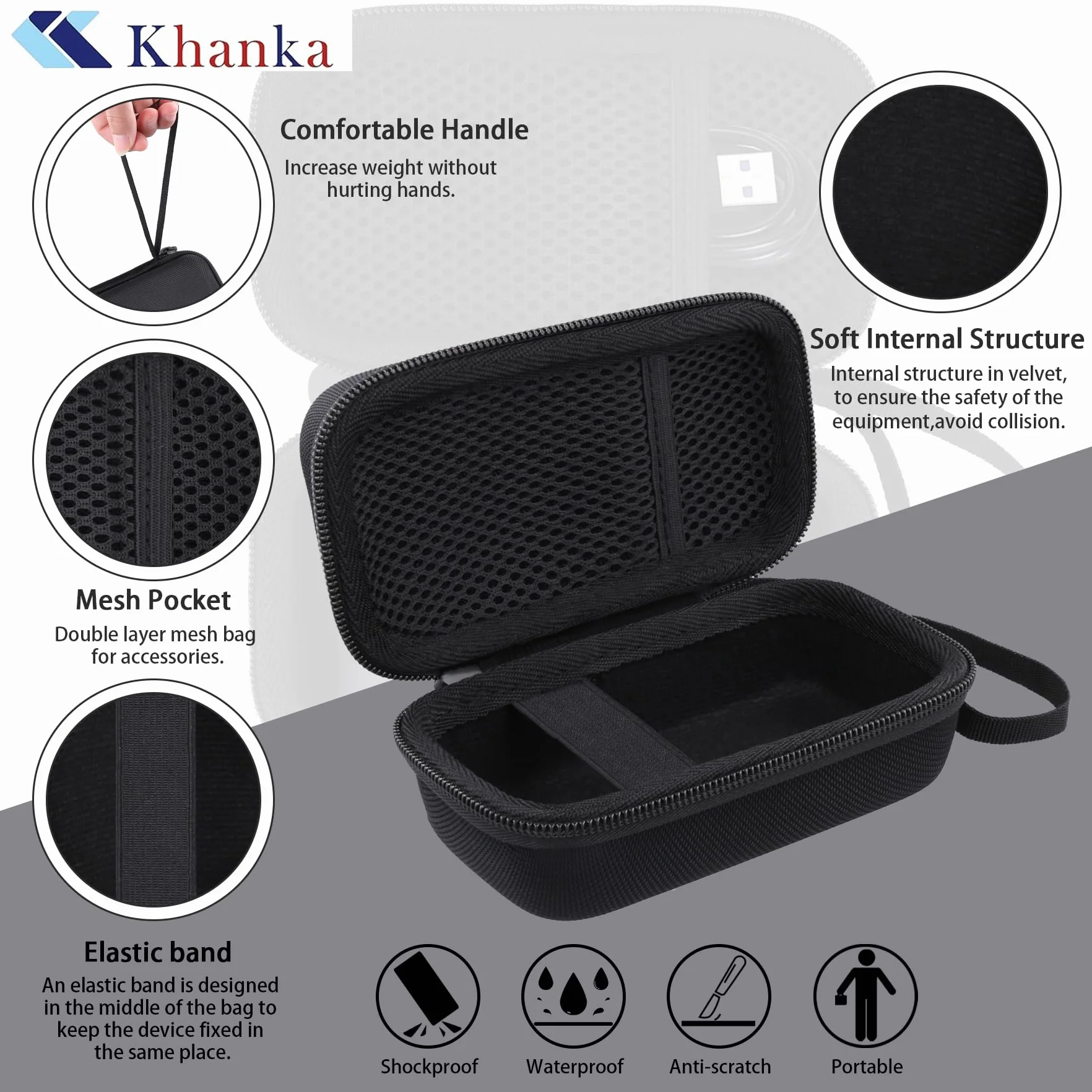 Khanka Do Canon PowerShot SX740 HS/G7 X Mark II/Mark III/V1 Aparat cyfrowy twardy futerał podróżny z uchwytem i paskiem na ramię, tylko etui, czarny, 15.4 x 9.3 x 8 cm, Swobodny