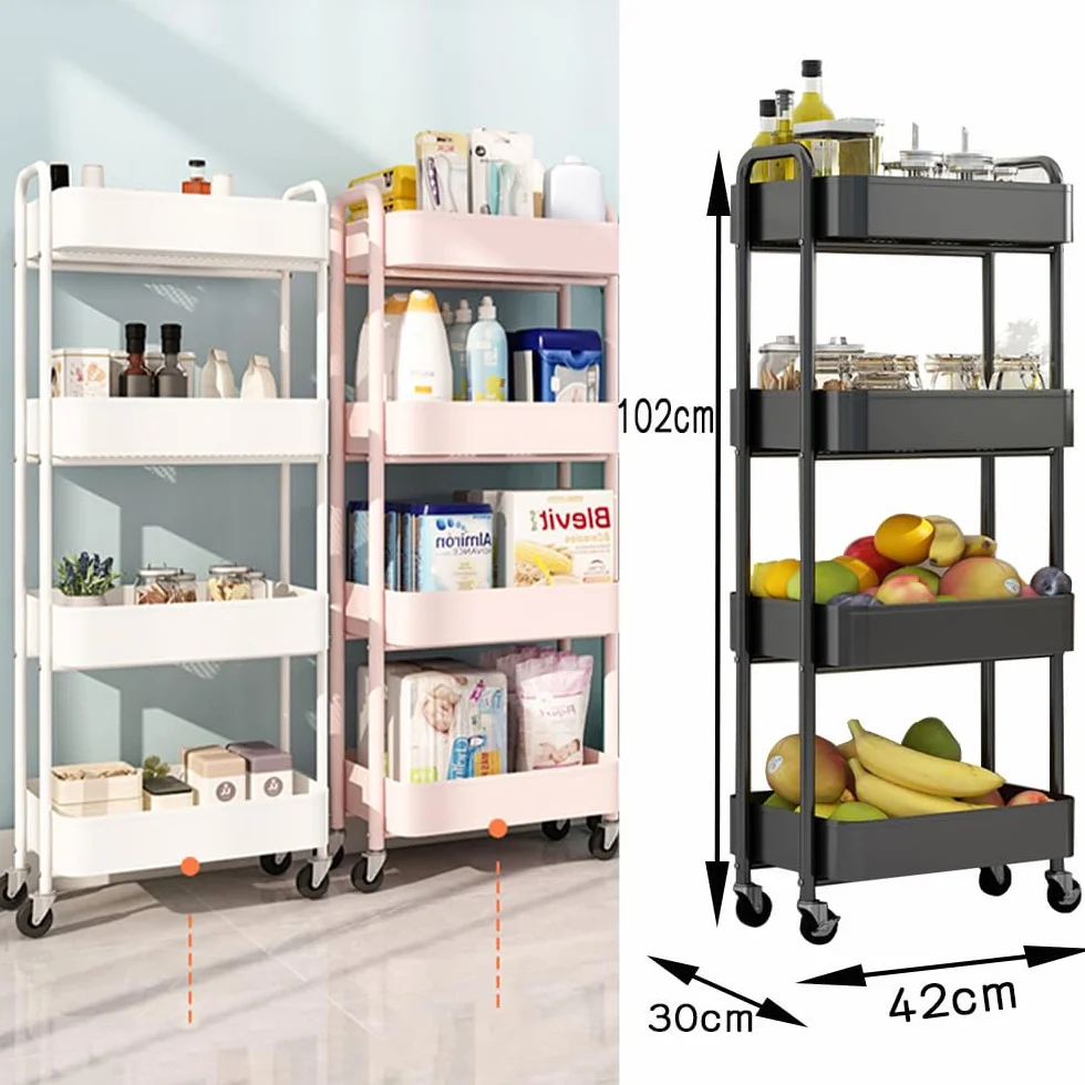4-poziomowy wózek do przechowywania na kółkach, metalowy mobilny organizer półkowy z kółkami obrotowymi 360° do kuchni, sypialni, łazienki, pralni, biura, wielofunkcyjny organizer na kółkach, półka