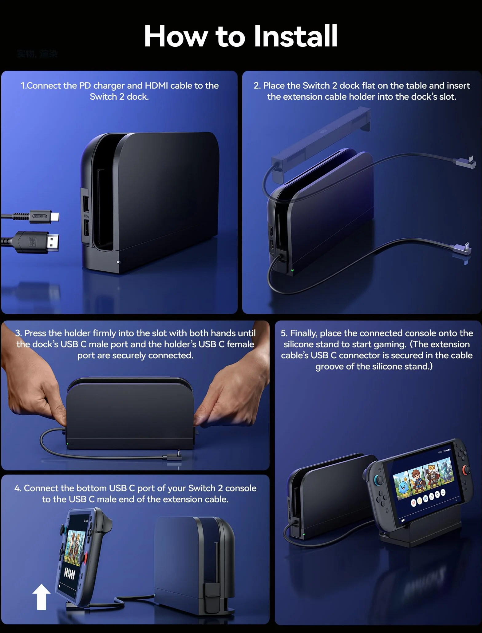 JSAUX Przedłużacz USB C ze stojakiem do stacji dokującej Switch 2, 35 cm Extension Cable obsługa szybkiego ładowania i transmisji wideo 4K, funkcja dokująca 1:1, pomocnicze chłodzenie, kompatybilny z