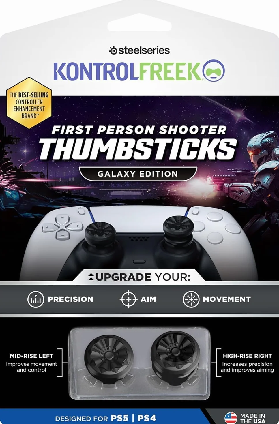 KontrolFreek FPS Freek Galaxy Black na PlayStation 4 (PS4) i PlayStation 5 (PS5) | Performance Thumbsticks | 1 wysoki stan, 1 średni wzrost | czarny