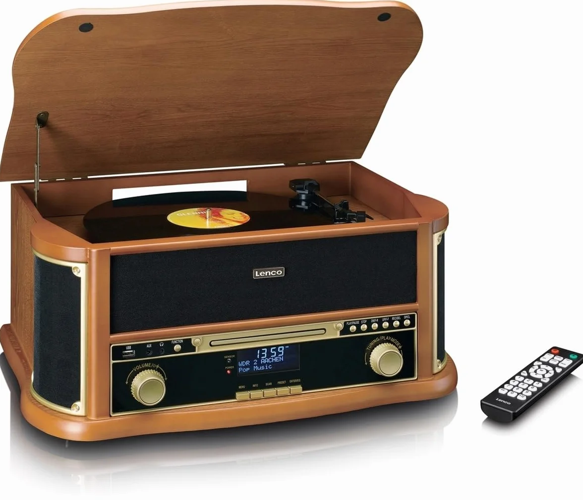 Lenco TCD-2571 Gramofon do płyt gramofonowych – Bluetooth z głośnikiem – radio DAB+ – odtwarzacz CD – deska kasetowa – 3 prędkości – napęd pasowy – 2 x 5 W – drewno