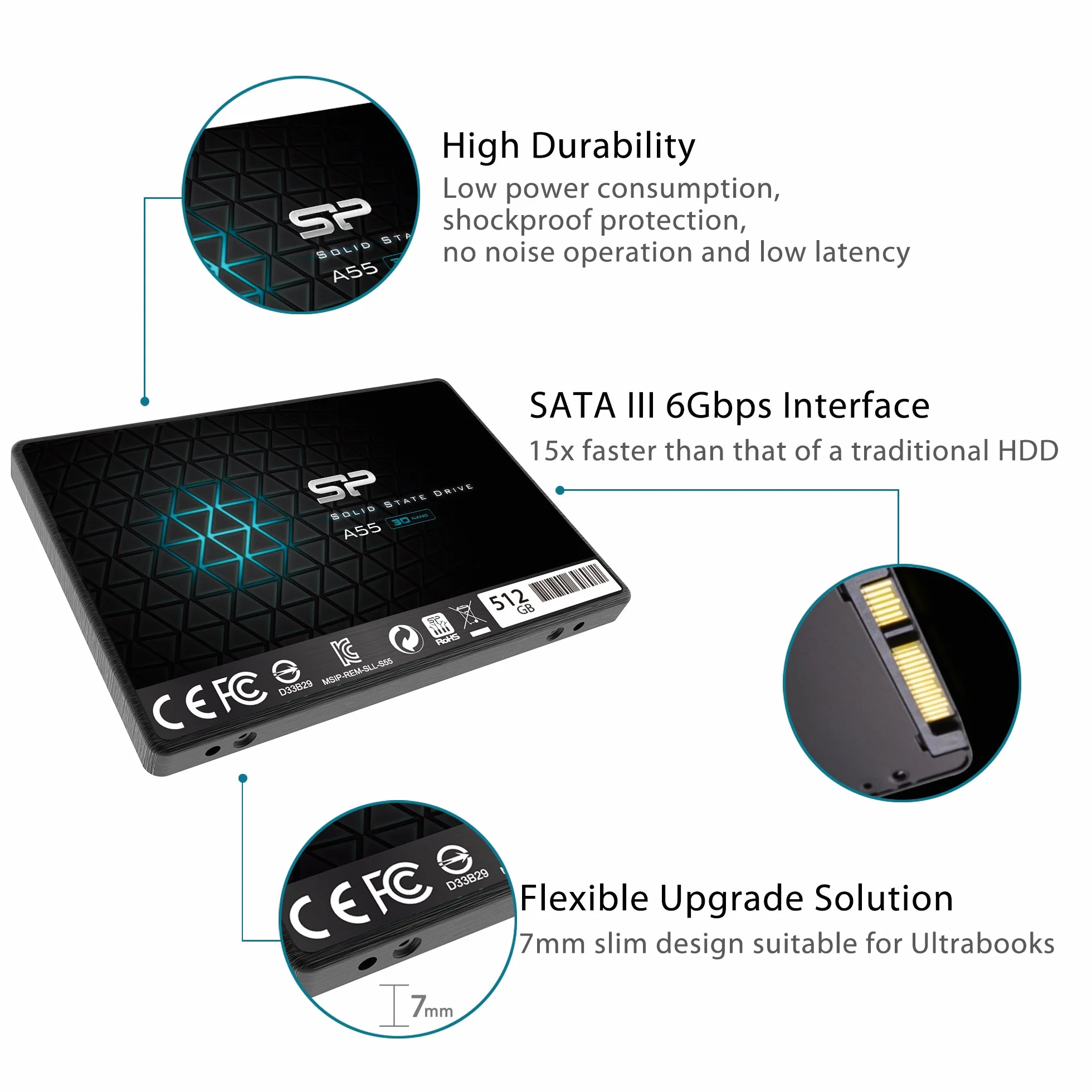Silicon Power SSD 512 GB 3D NAND A55 SLC Cache Performance Boost 2,5 cala SATA III 7 mm (0,28") wewnętrzny dysk SSD, dysk twardy