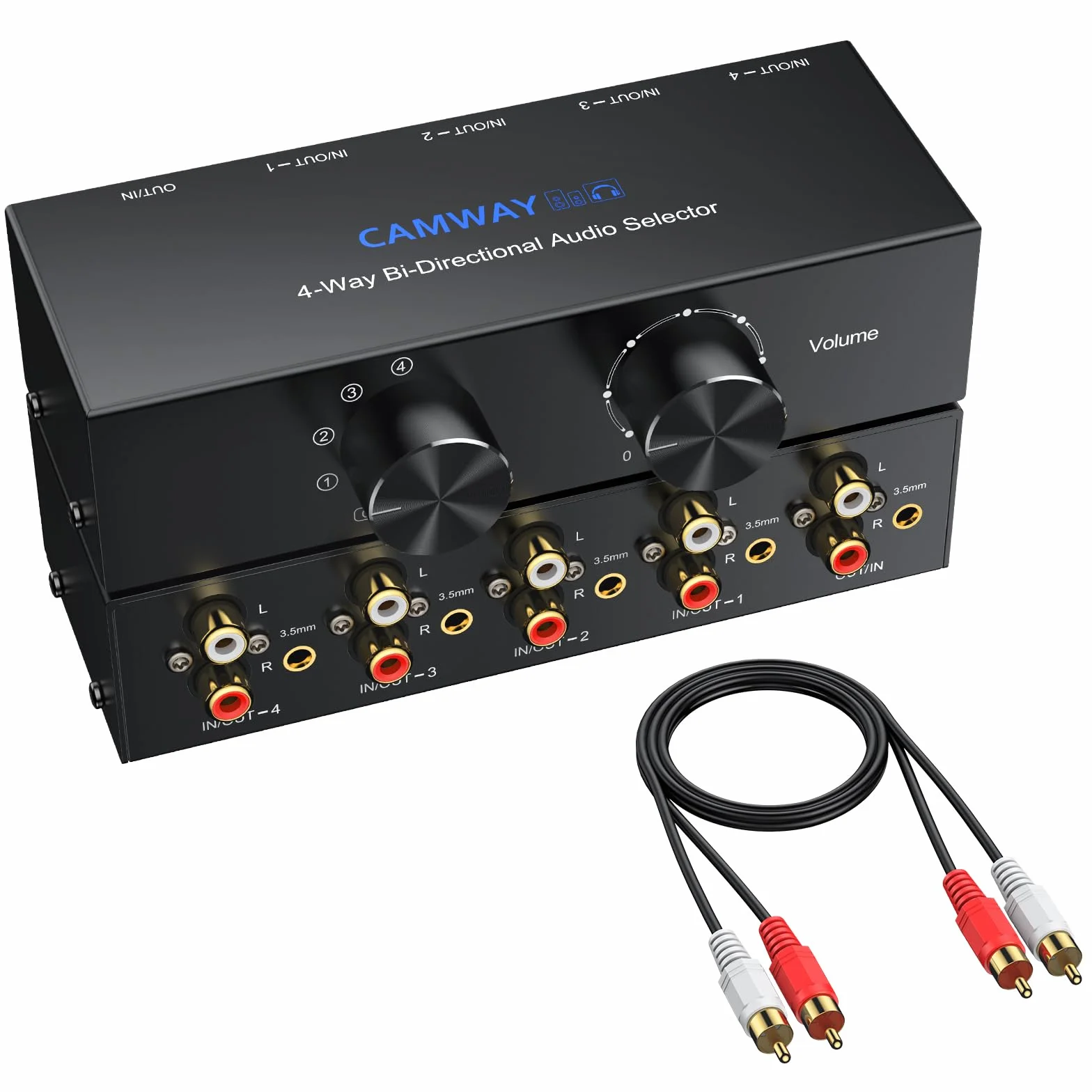 CAMWAY 4 (1) In-1(4) Out RCA L/R Stereo Audio Switch, dwukierunkowy przełącznik audio z przyciskiem głośności / wyłączania, pasywny przełącznik stereo AUX do głośników, słuchawek, wzmacniacza