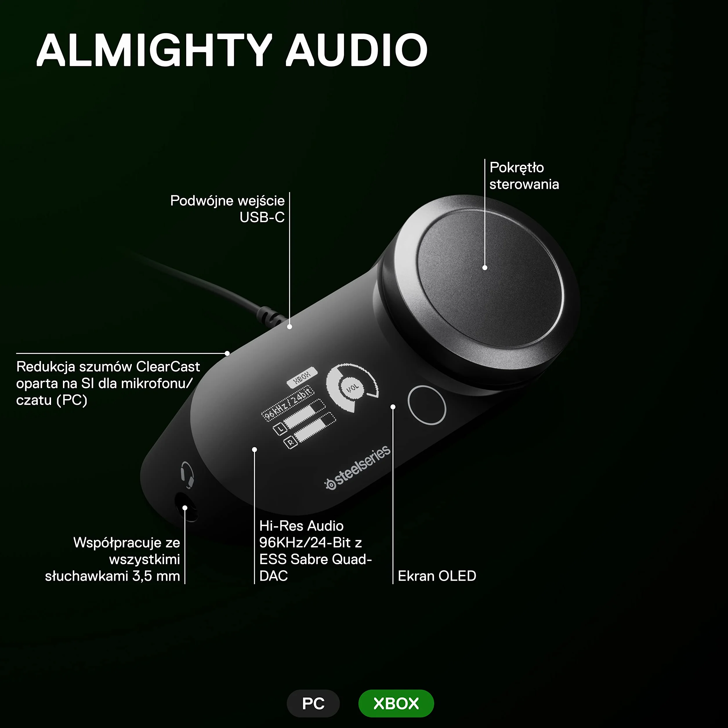 SteelSeries 60263 GameDAC Gen 2 (Xbox) wzmacniacz audio Hi-Res - ESS Sabre Quad-DAC - redukcja szumów AI - dźwięk przestrzenny 360° - certyfikat Hi-Res - PC, Xbox, PS5, PS4, czarny