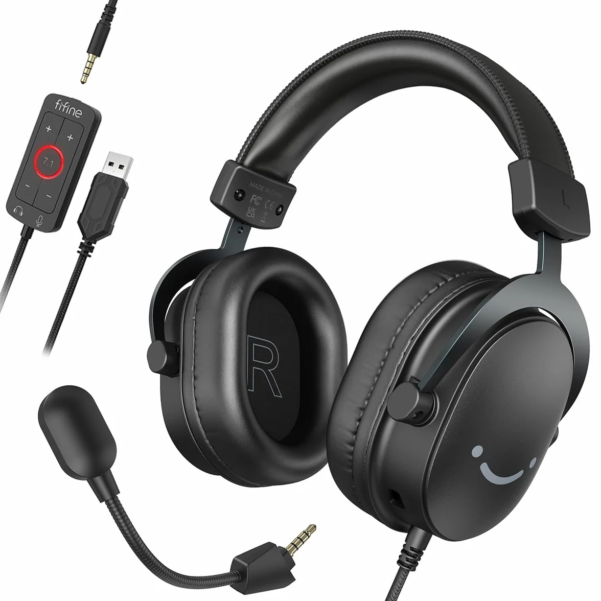 FIFINE Zestaw słuchawkowy gamingowy z mikrofonem, słuchawki nauszne z kablem, zestaw słuchawkowy USB do PC PS4 PS5 Xbox Switch, słuchawki RGB z dźwiękiem przestrzennym 7.1 i nausznikami